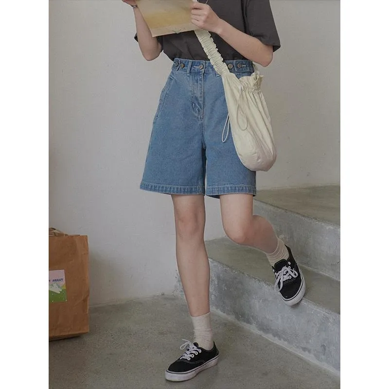Adjustable Button Denim Shorts Women Loose Five-point Pants