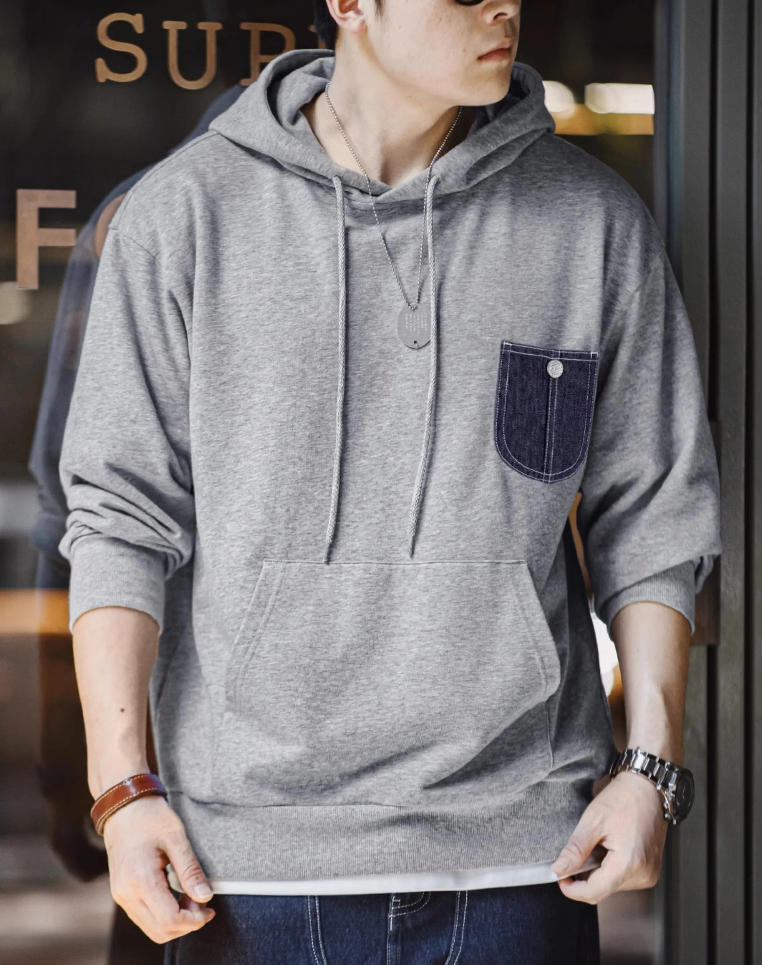 American Casual Pocket Stitching Hooded Sports Leisure Men's Sweater