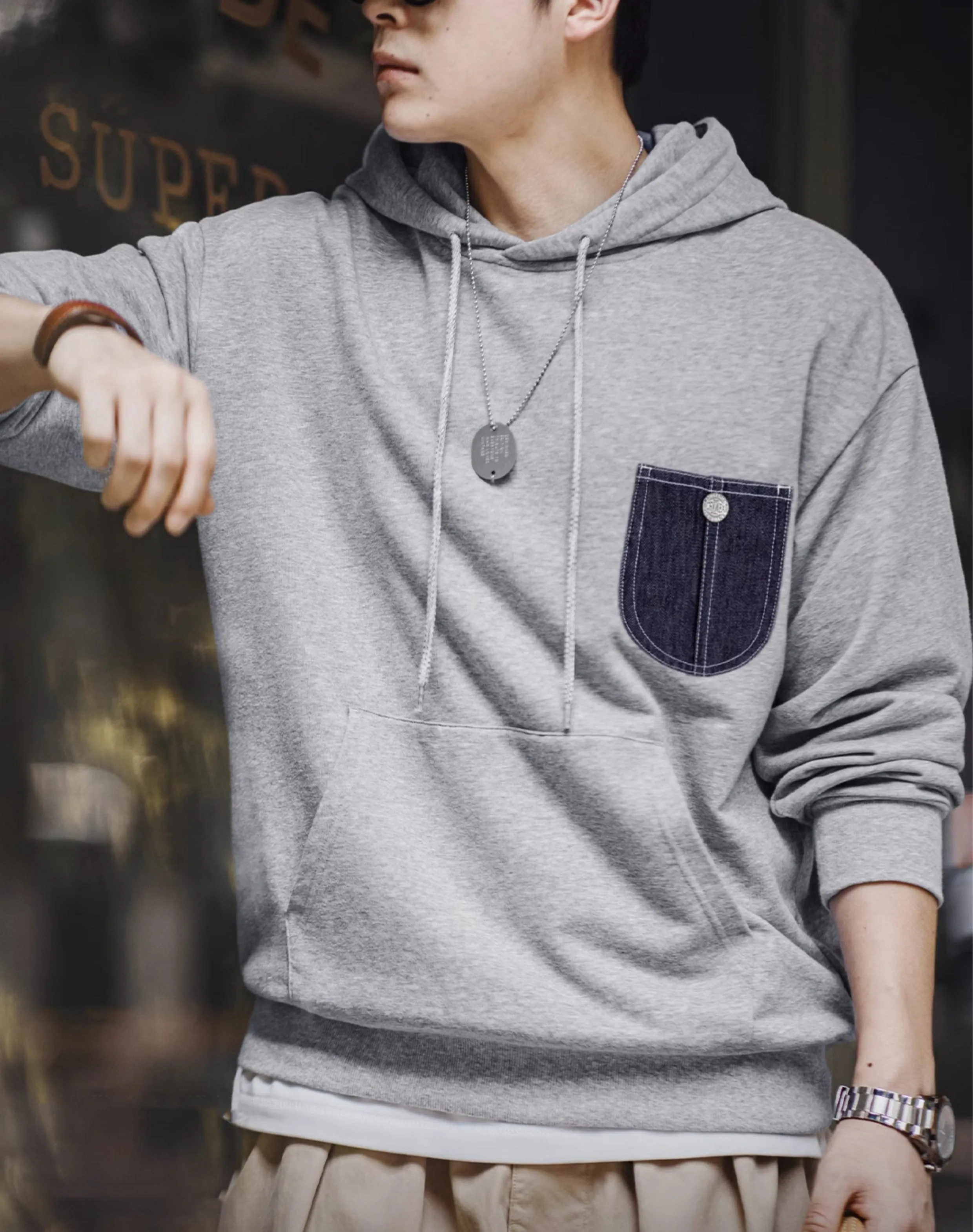 American Casual Pocket Stitching Hooded Sports Leisure Men's Sweater
