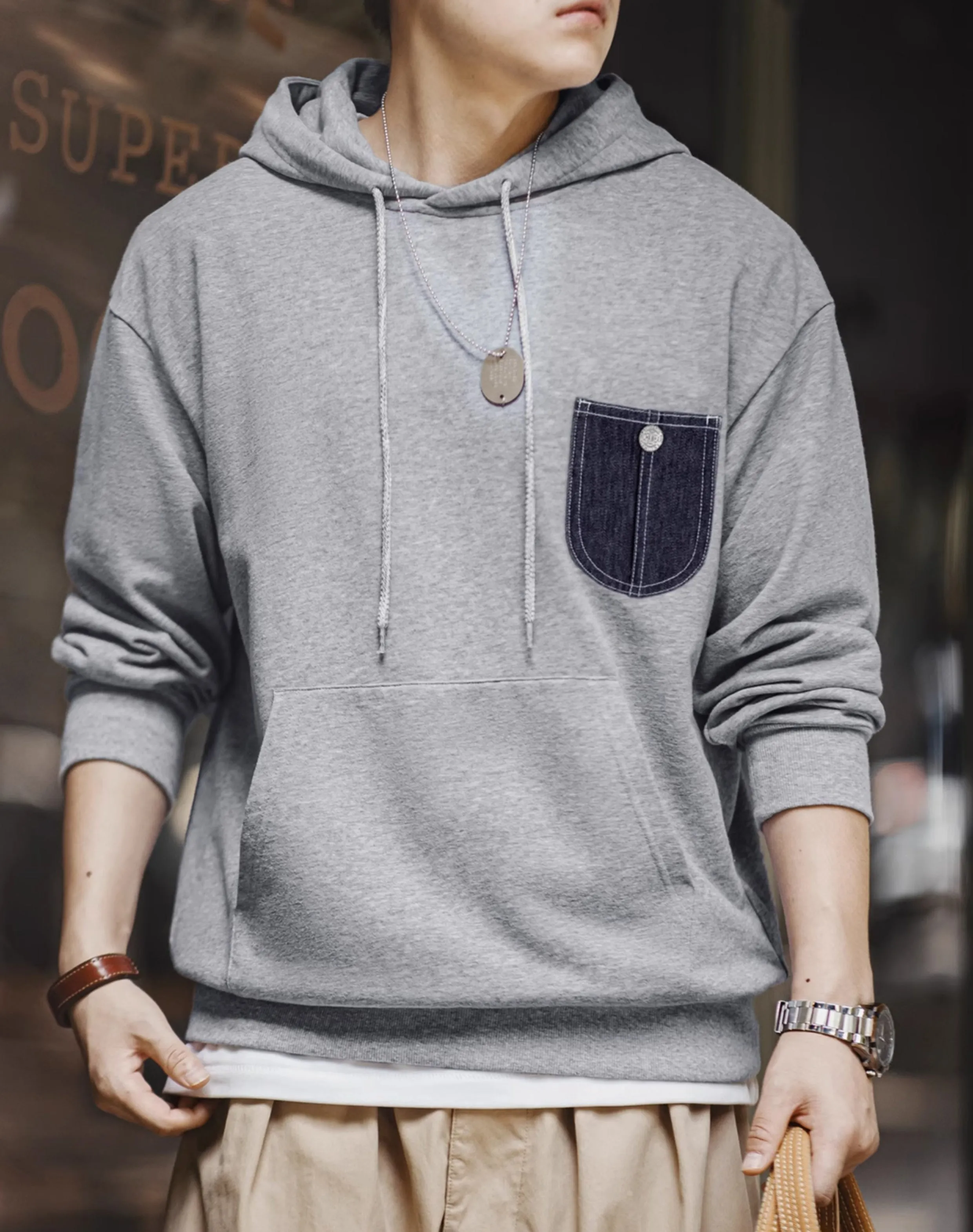 American Casual Pocket Stitching Hooded Sports Leisure Men's Sweater