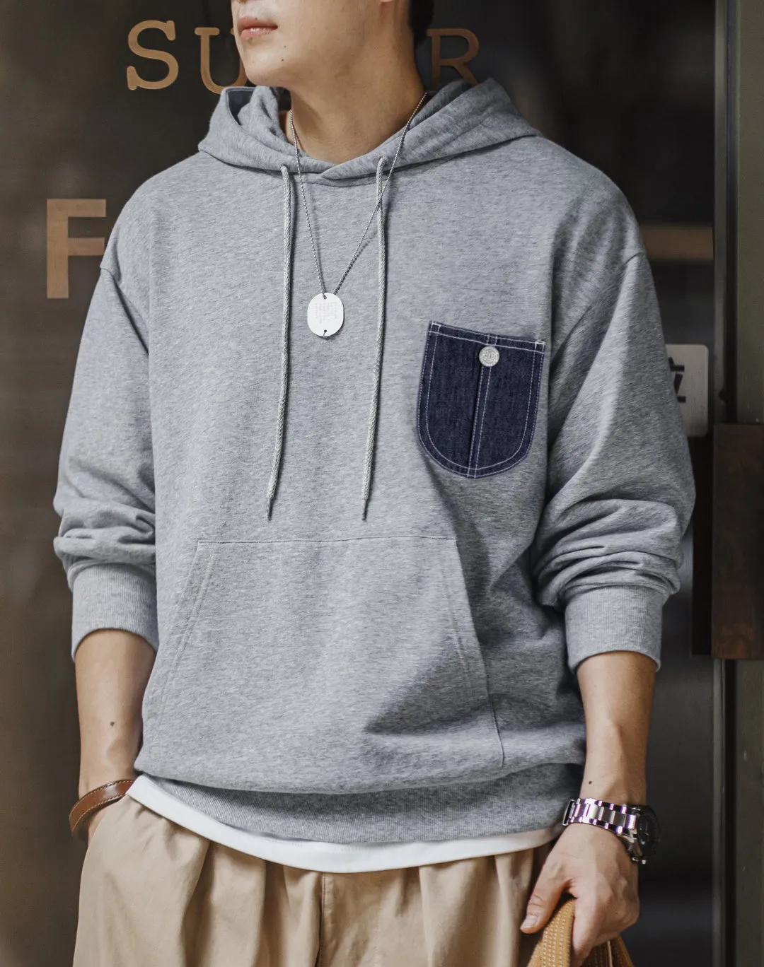 American Casual Pocket Stitching Hooded Sports Leisure Men's Sweater