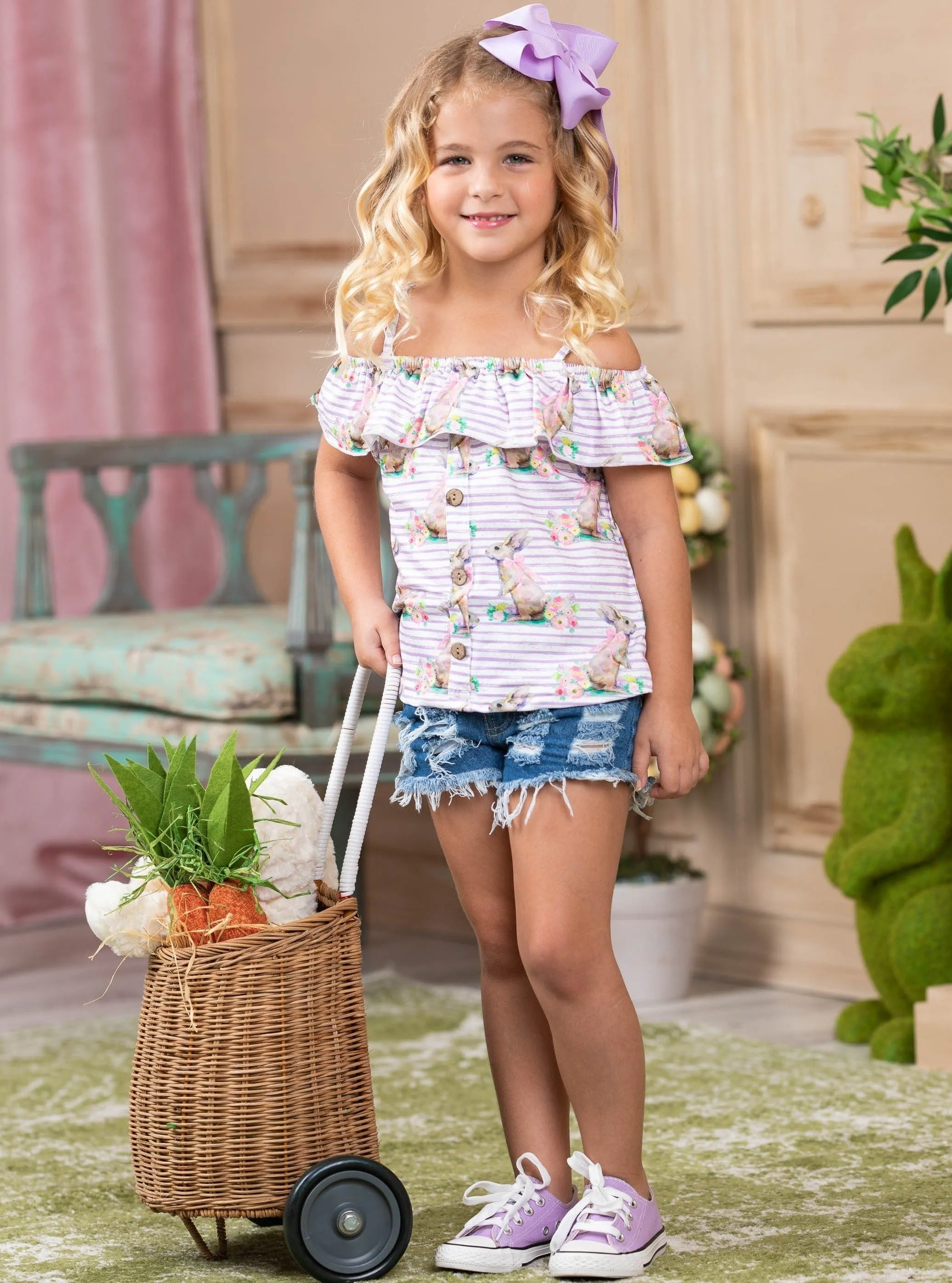 Bunnies, Bows, and Blooms Denim Shorts Set