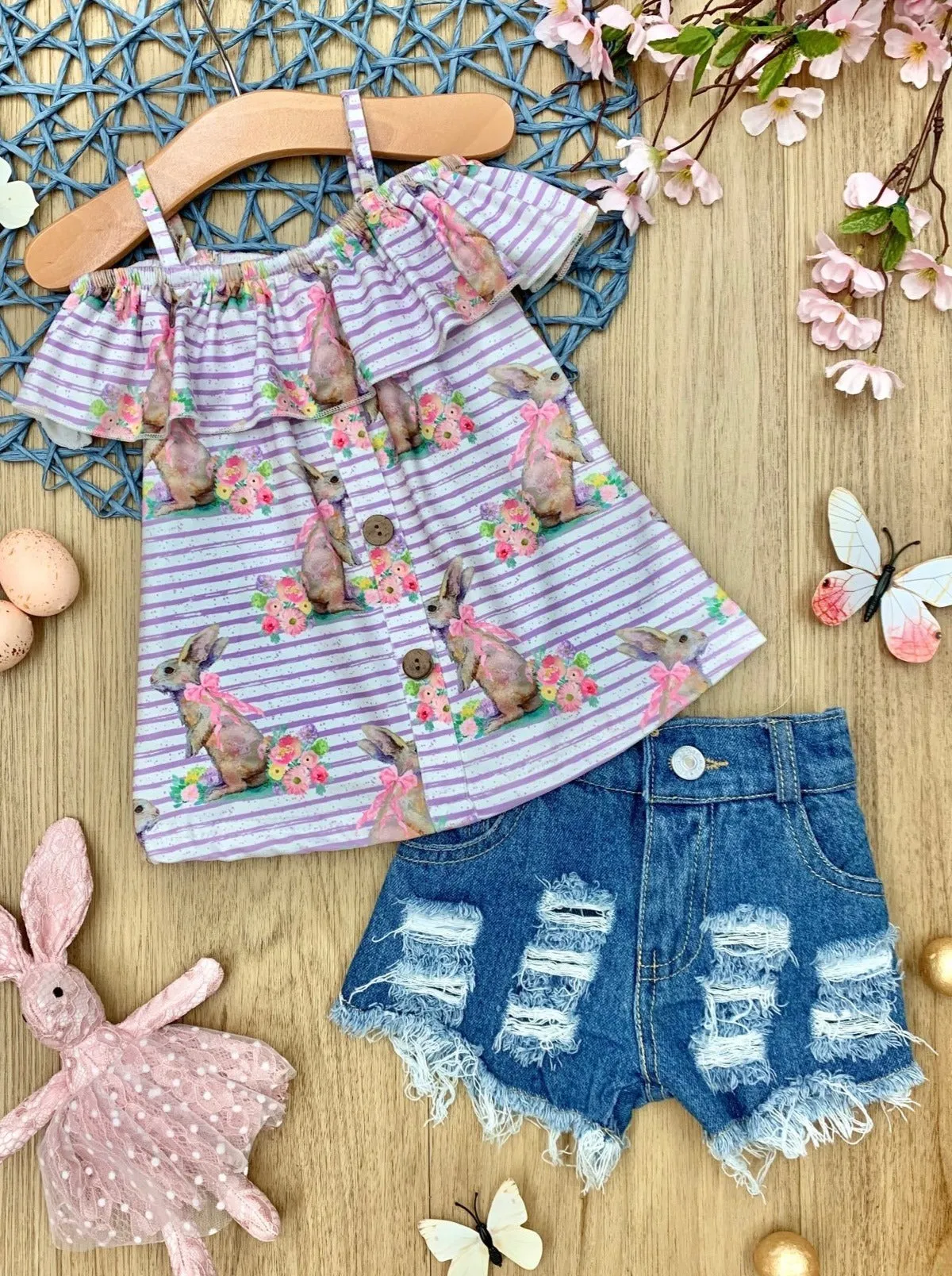 Bunnies, Bows, and Blooms Denim Shorts Set