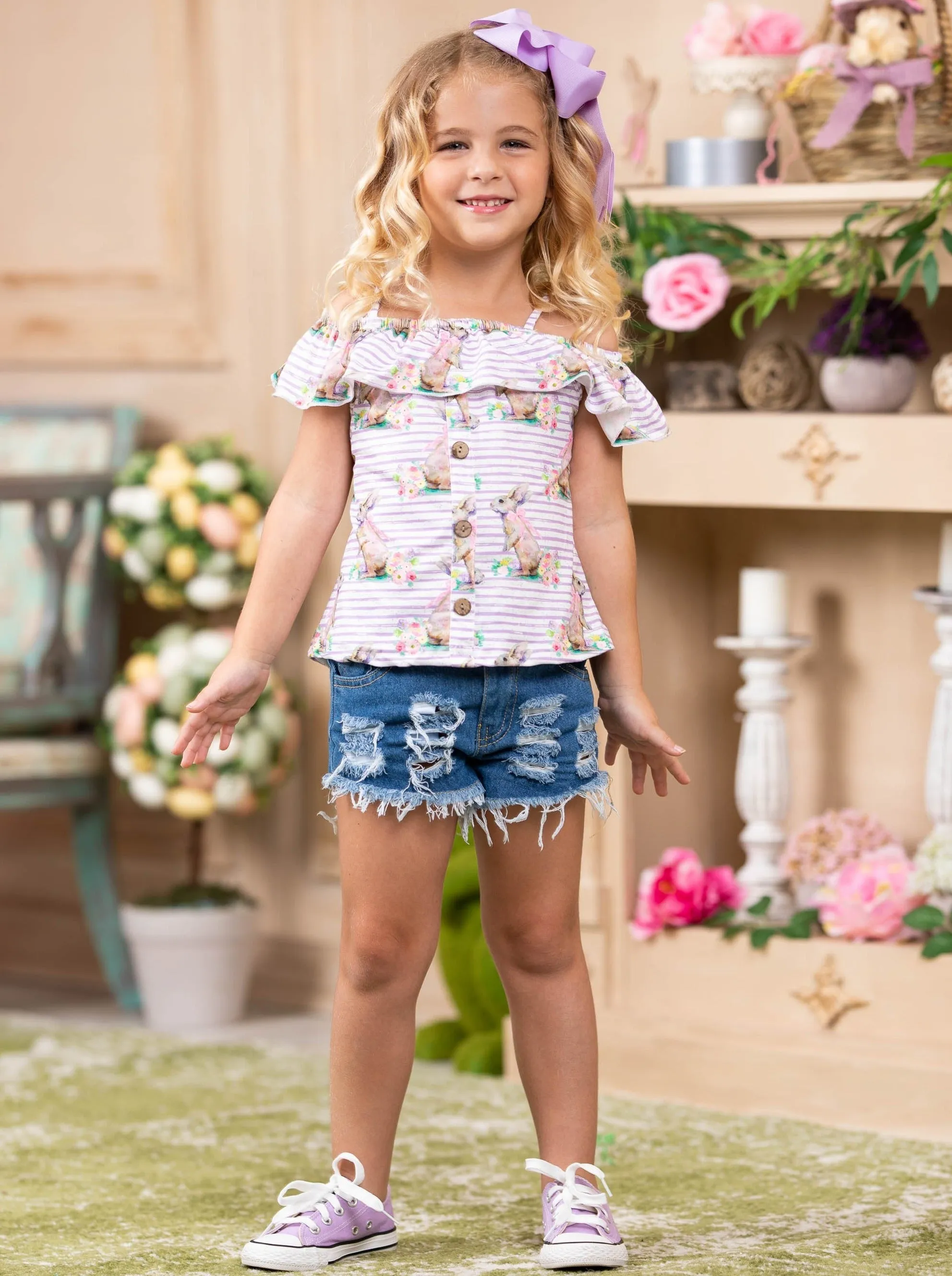 Bunnies, Bows, and Blooms Denim Shorts Set