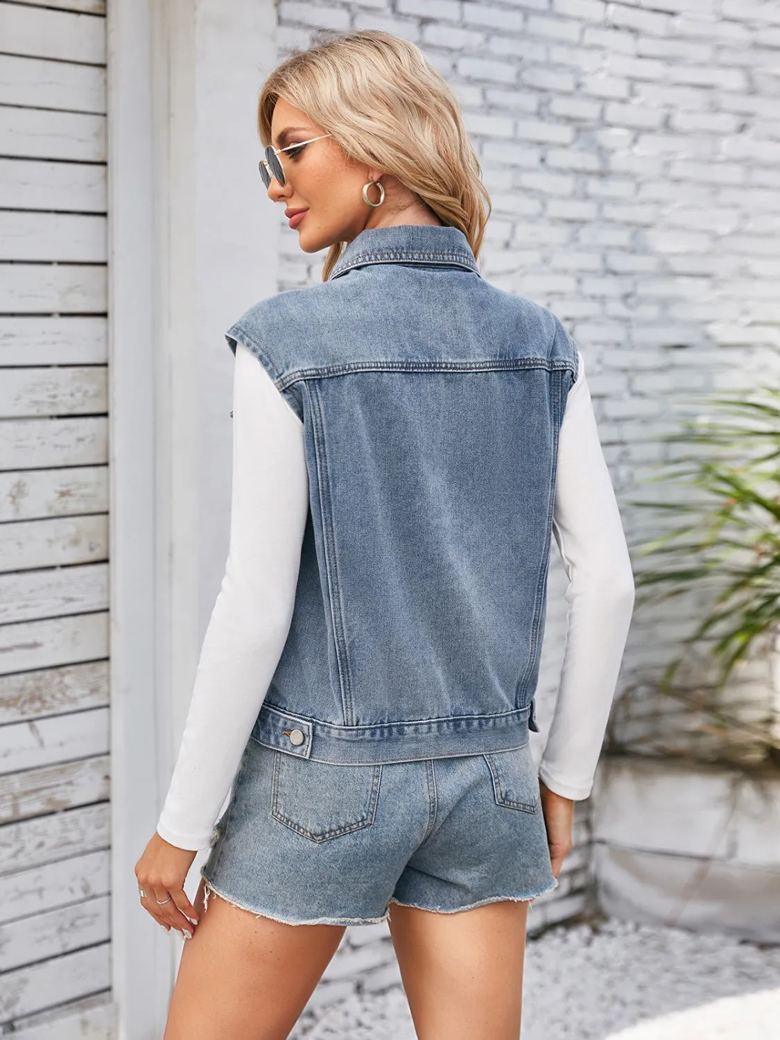 Button Up Cap Sleeve Denim Jacket with Shorts