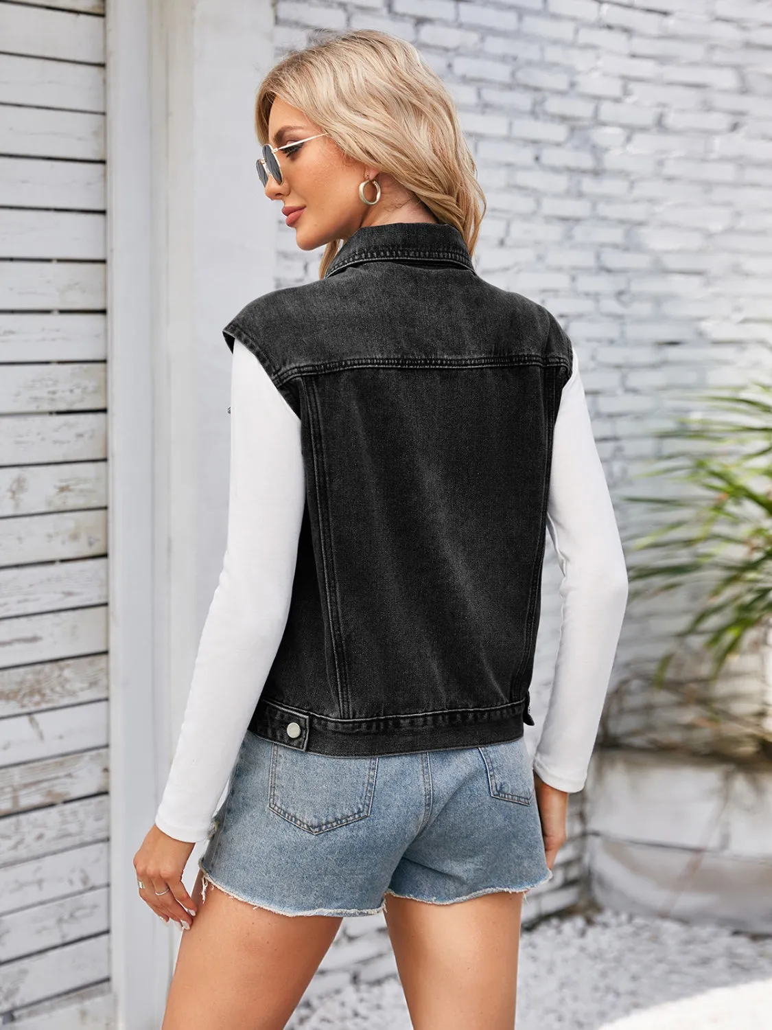Button Up Cap Sleeve Denim Jacket with Shorts