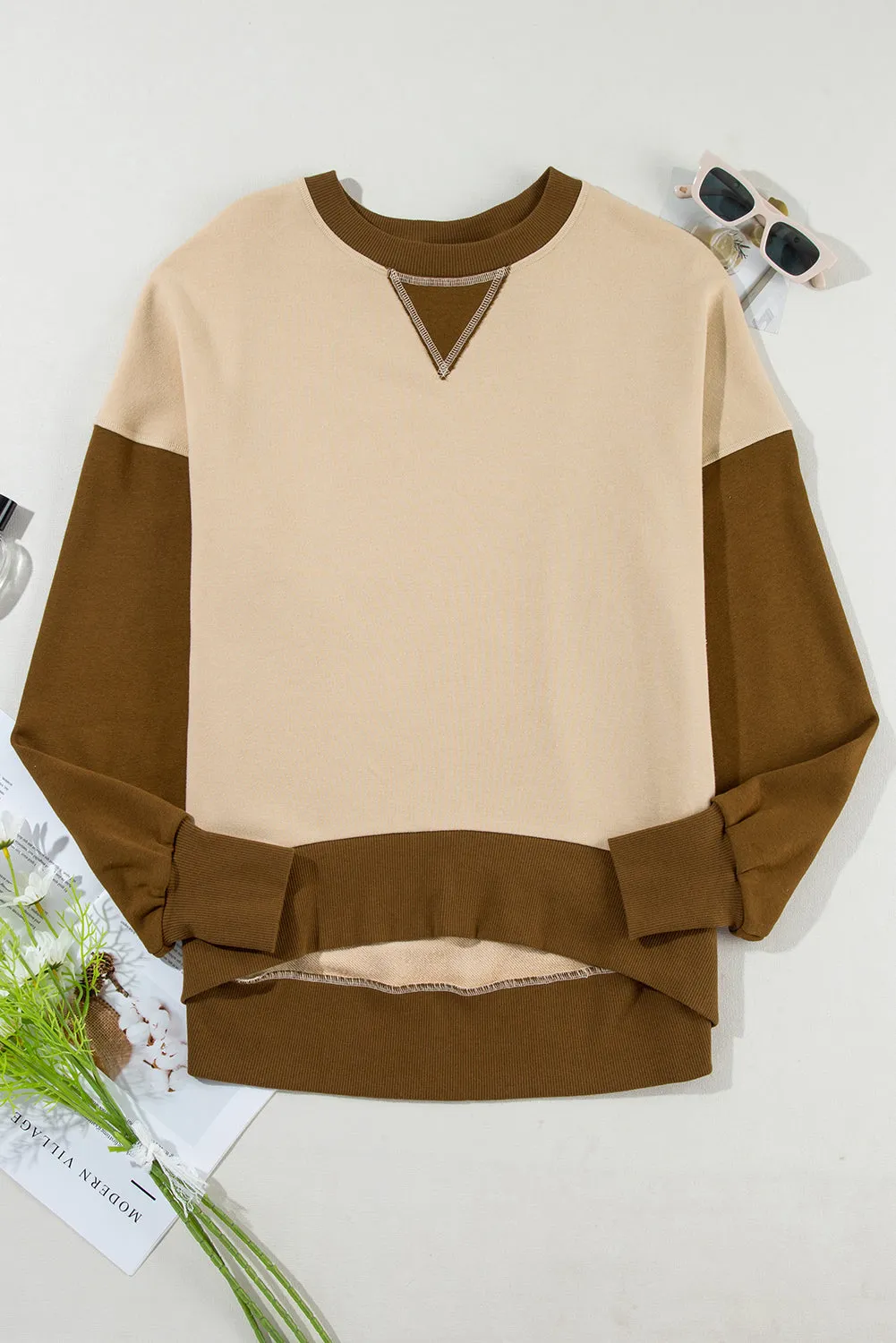 Casual Color Block Thumbhole Sleeve Drop Shoulder Sweatshirt