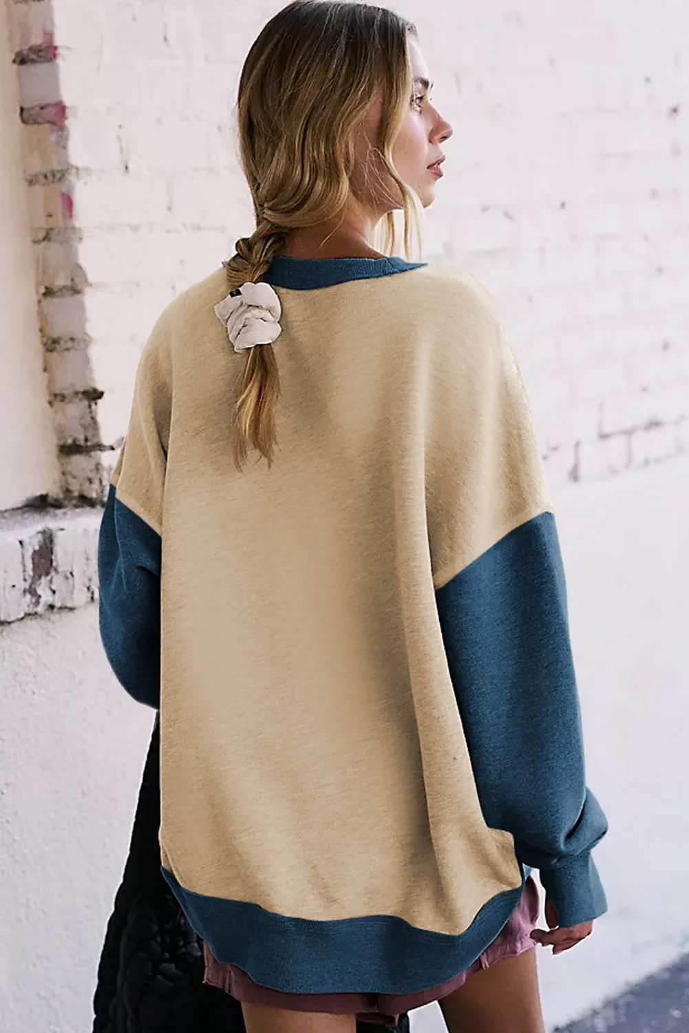 Casual Color Block Thumbhole Sleeve Drop Shoulder Sweatshirt