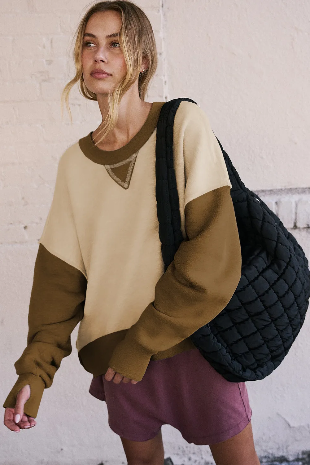 Casual Color Block Thumbhole Sleeve Drop Shoulder Sweatshirt