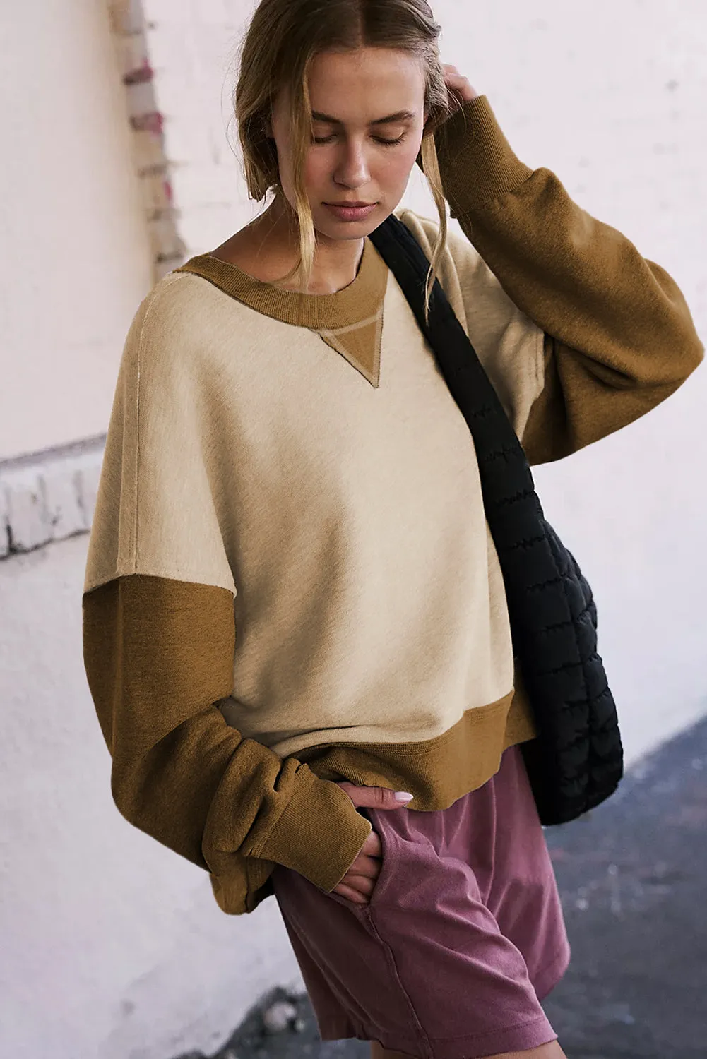 Casual Color Block Thumbhole Sleeve Drop Shoulder Sweatshirt
