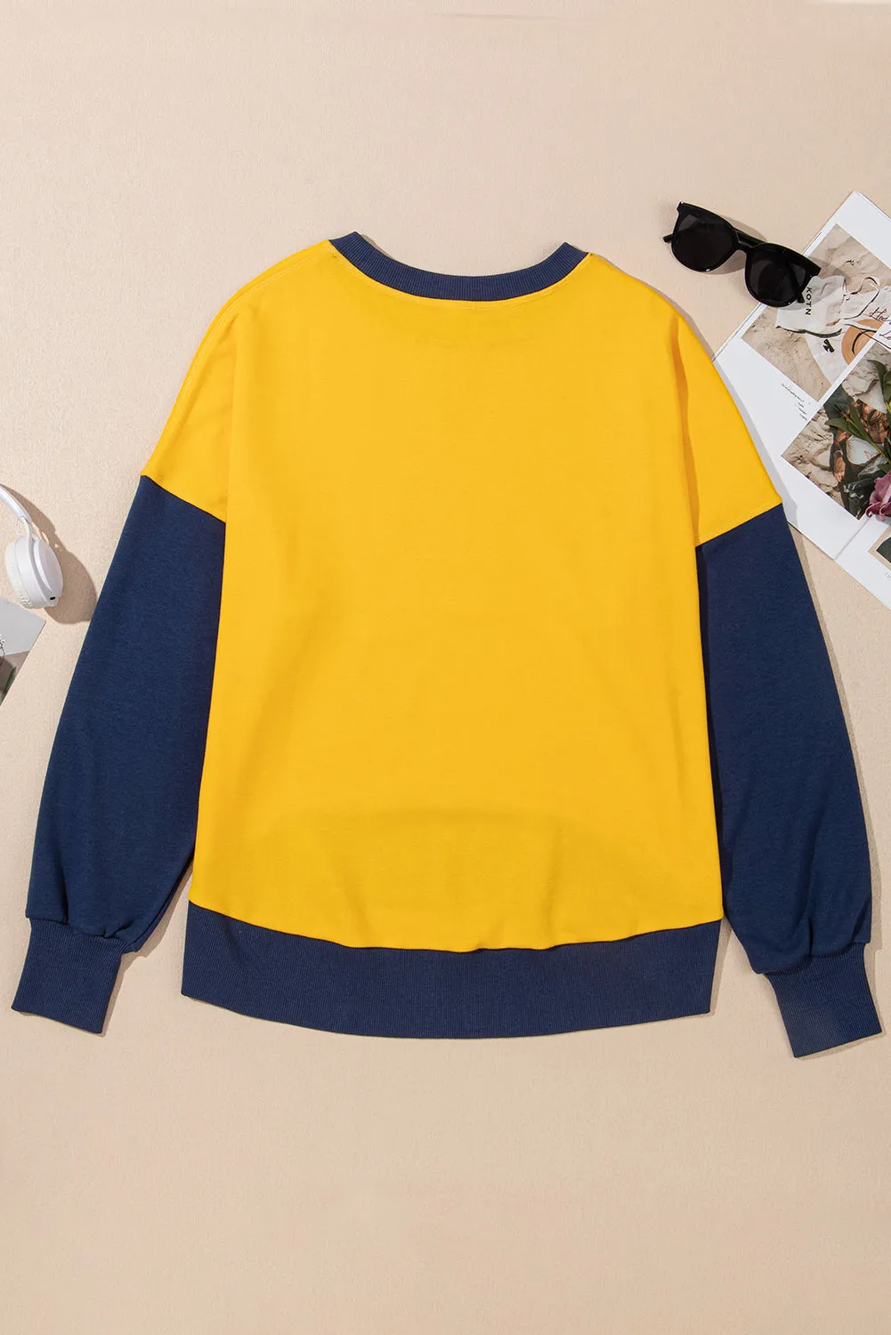 Casual Color Block Thumbhole Sleeve Drop Shoulder Sweatshirt