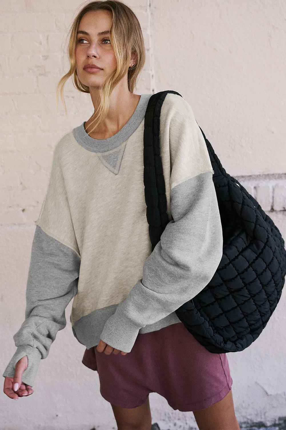 Casual Color Block Thumbhole Sleeve Drop Shoulder Sweatshirt