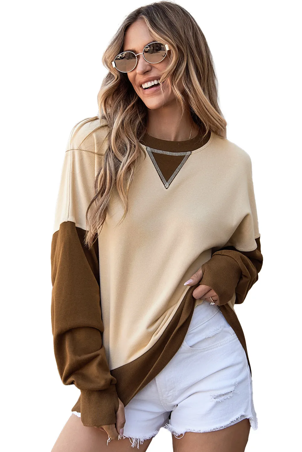 Casual Color Block Thumbhole Sleeve Drop Shoulder Sweatshirt