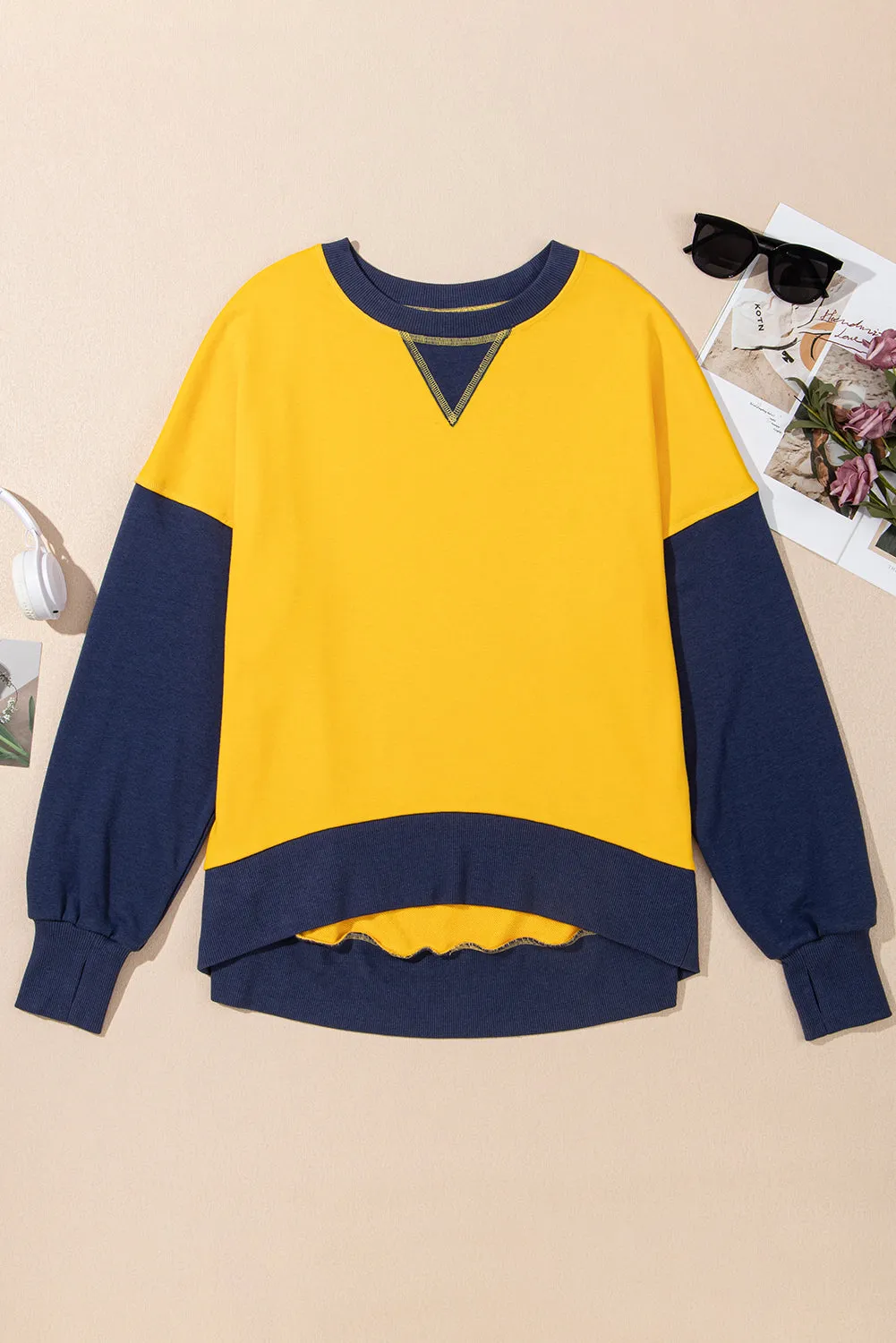Casual Color Block Thumbhole Sleeve Drop Shoulder Sweatshirt