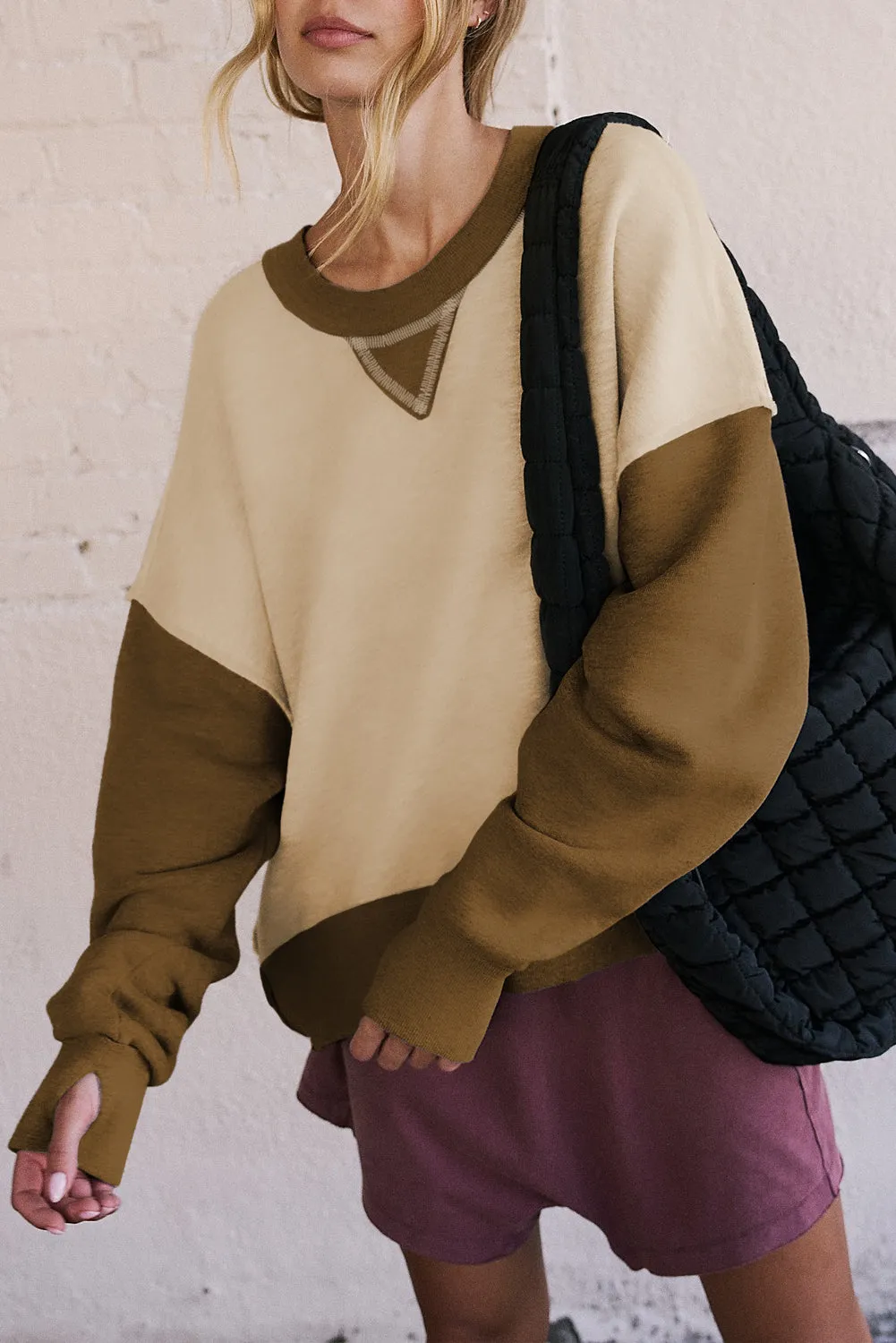 Casual Color Block Thumbhole Sleeve Drop Shoulder Sweatshirt
