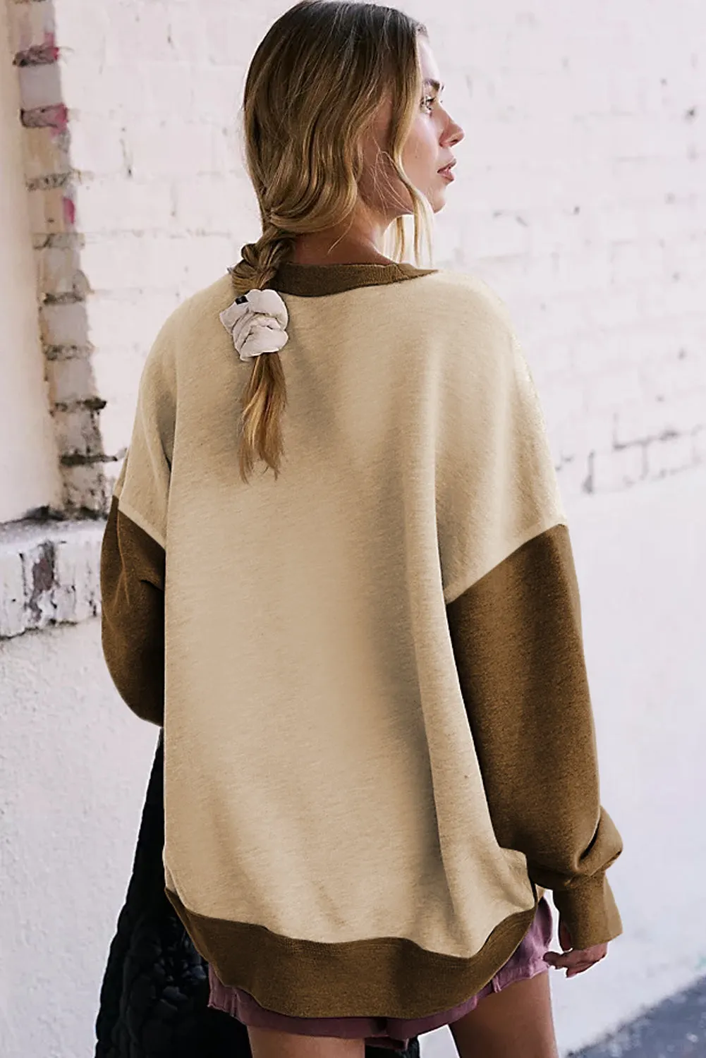 Casual Color Block Thumbhole Sleeve Drop Shoulder Sweatshirt