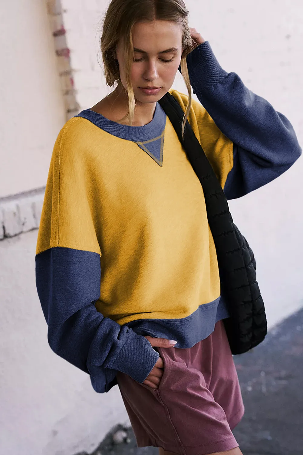 Casual Color Block Thumbhole Sleeve Drop Shoulder Sweatshirt