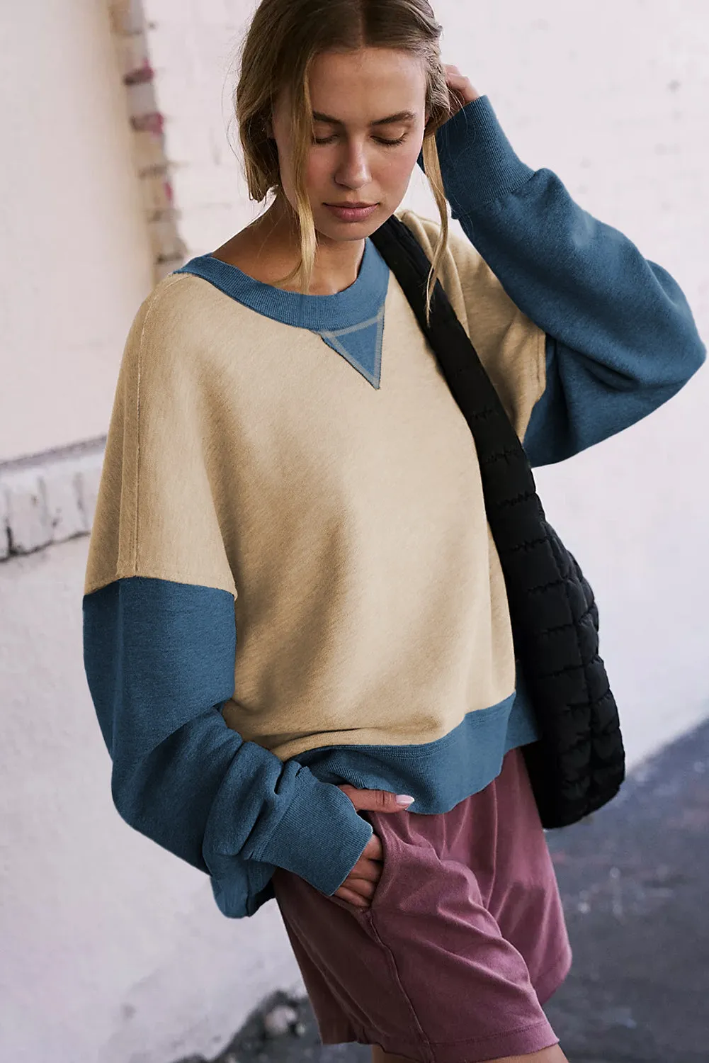 Casual Color Block Thumbhole Sleeve Drop Shoulder Sweatshirt