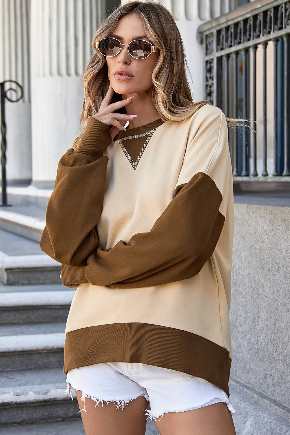 Casual Color Block Thumbhole Sleeve Drop Shoulder Sweatshirt