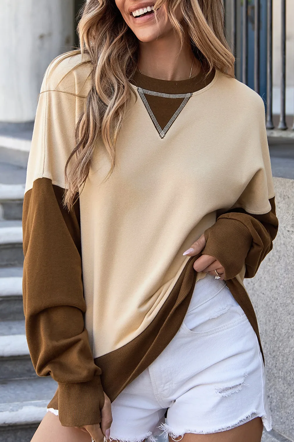 Casual Color Block Thumbhole Sleeve Drop Shoulder Sweatshirt