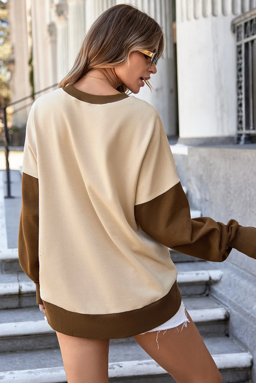Casual Color Block Thumbhole Sleeve Drop Shoulder Sweatshirt