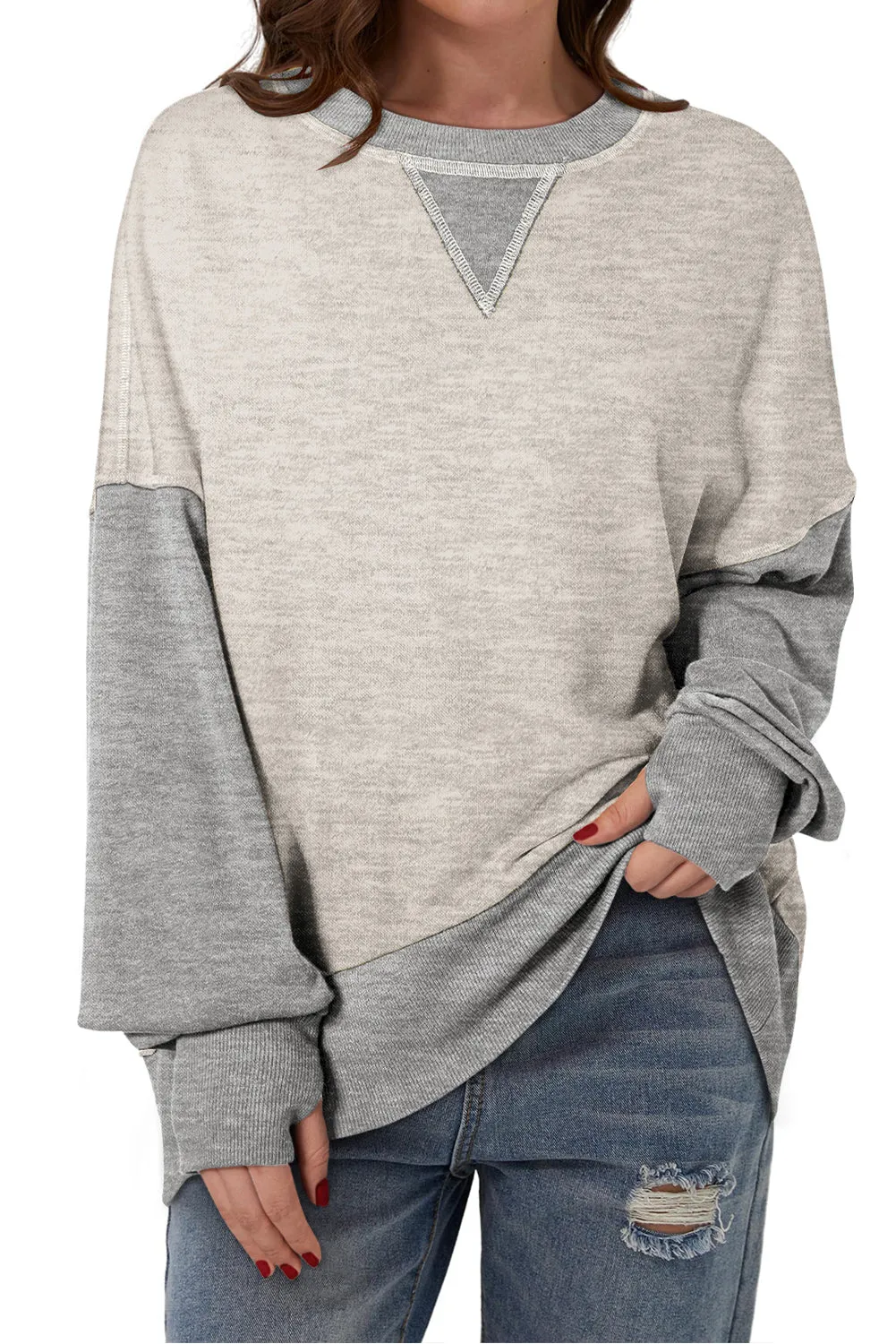 Casual Color Block Thumbhole Sleeve Drop Shoulder Sweatshirt