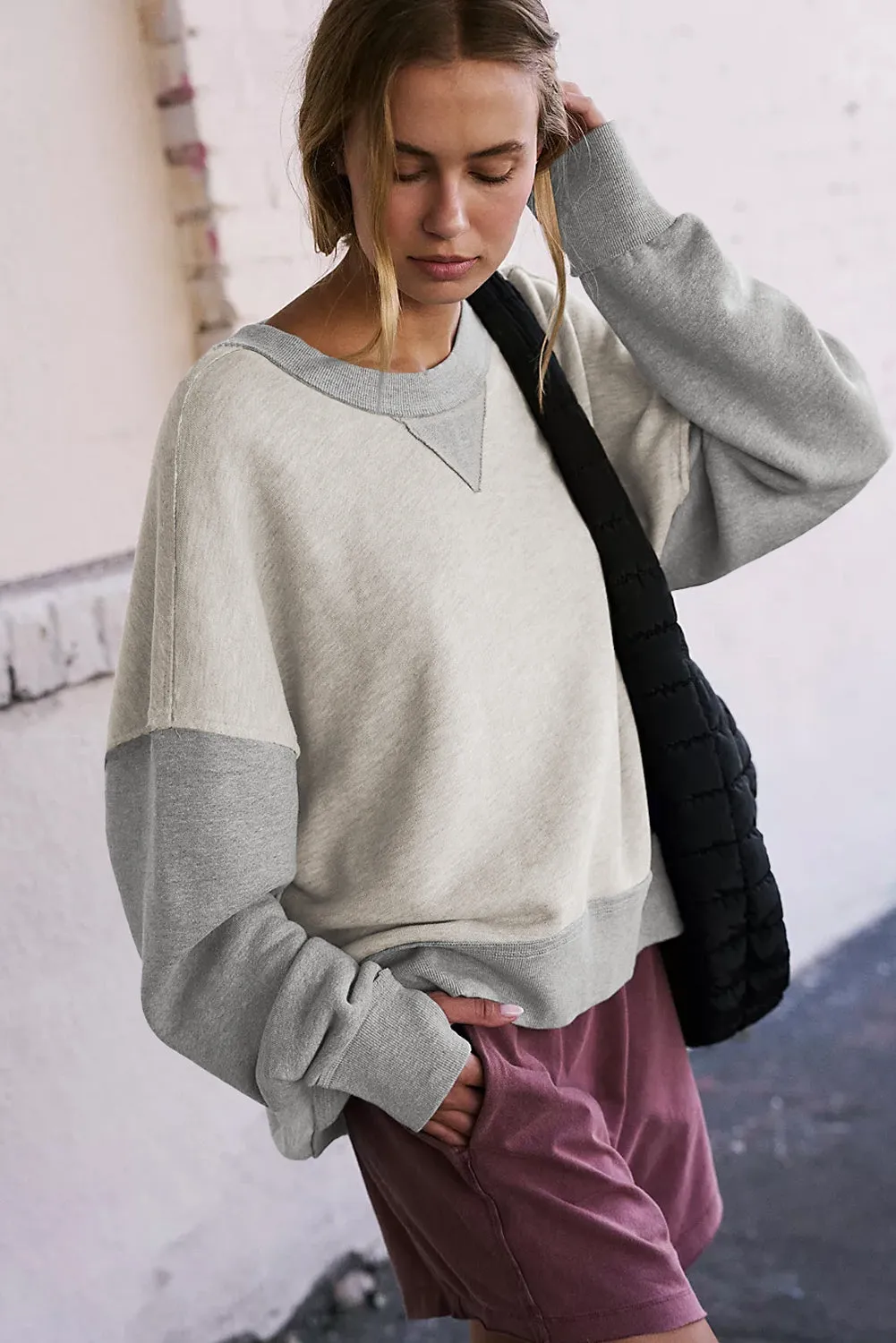 Casual Color Block Thumbhole Sleeve Drop Shoulder Sweatshirt
