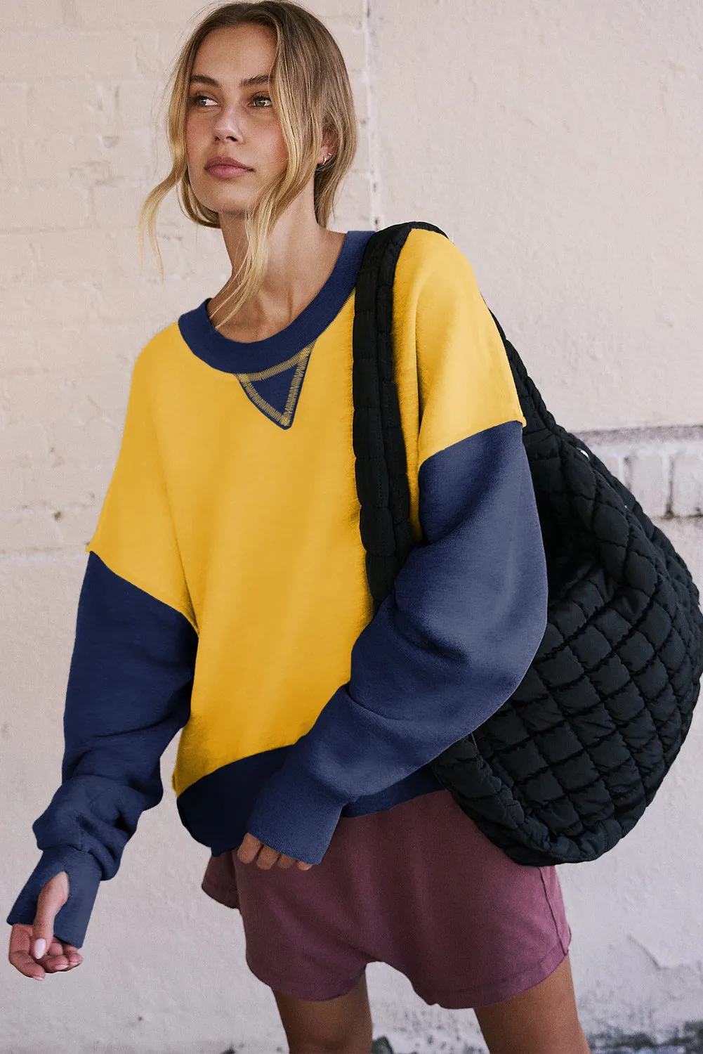 Casual Color Block Thumbhole Sleeve Drop Shoulder Sweatshirt