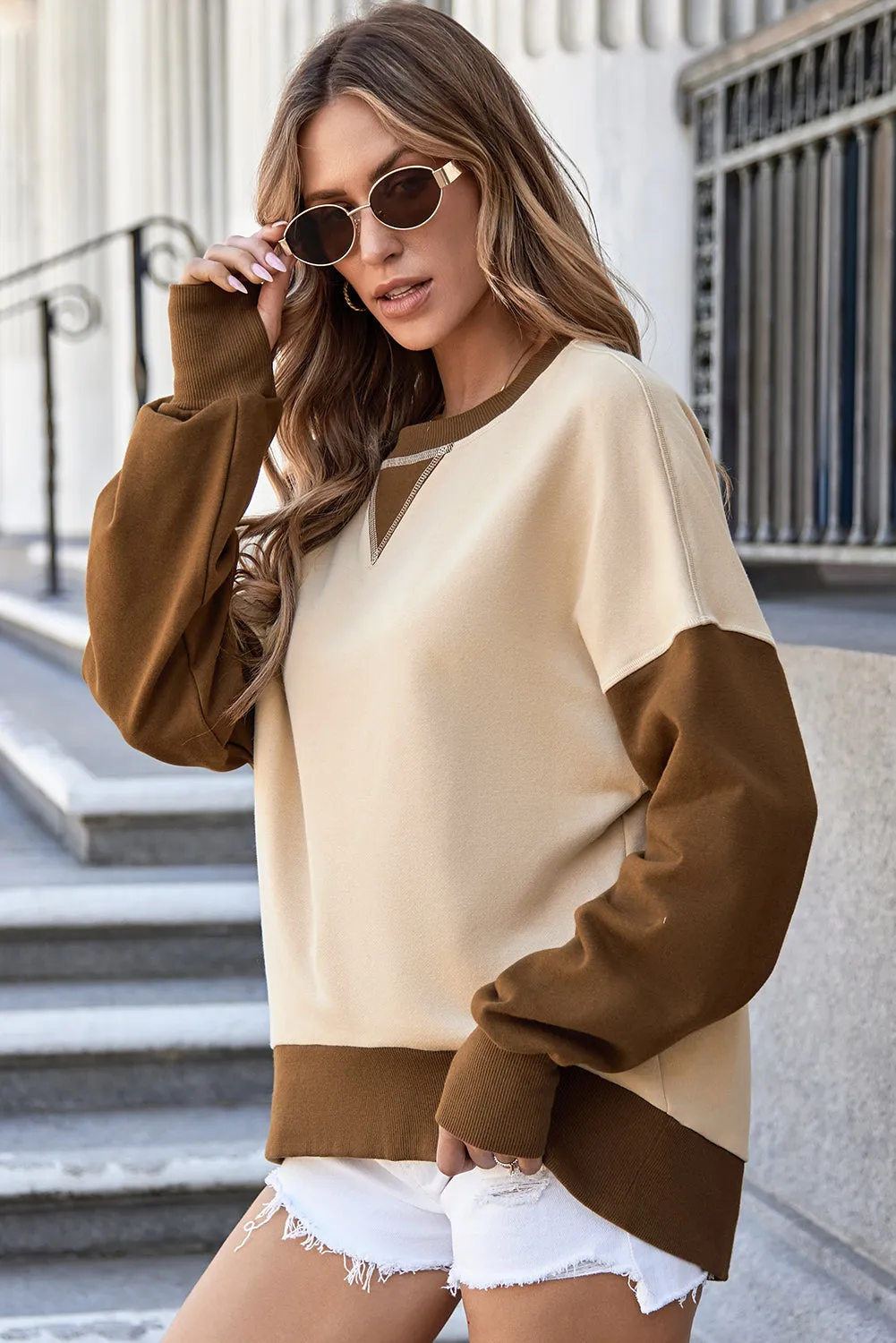 Casual Color Block Thumbhole Sleeve Drop Shoulder Sweatshirt