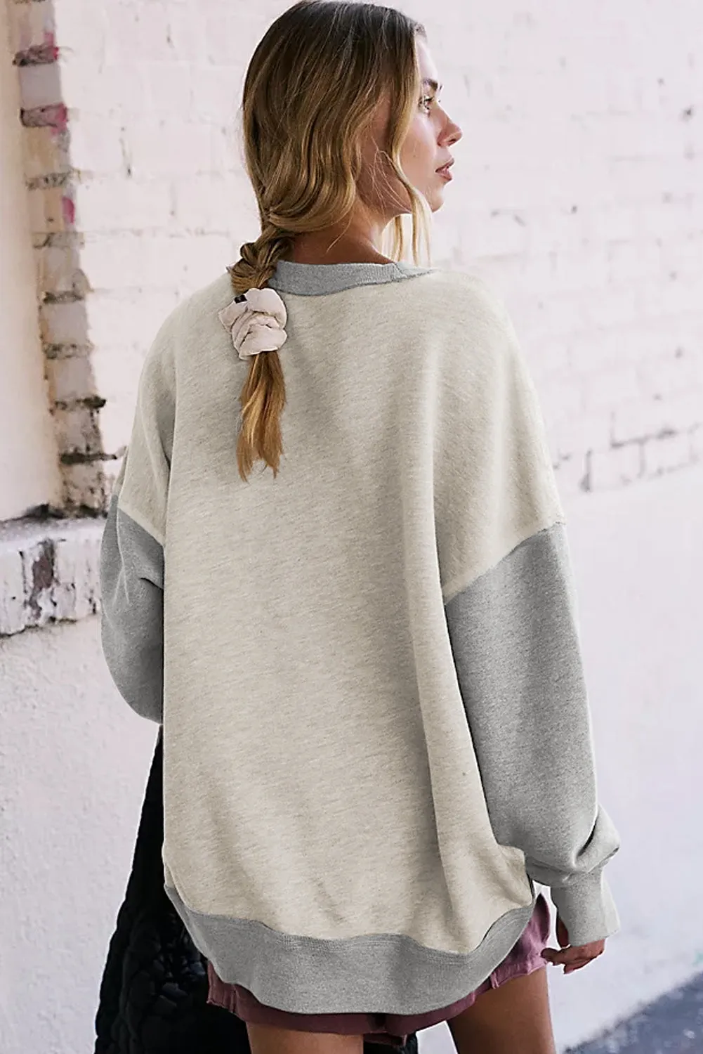Casual Color Block Thumbhole Sleeve Drop Shoulder Sweatshirt