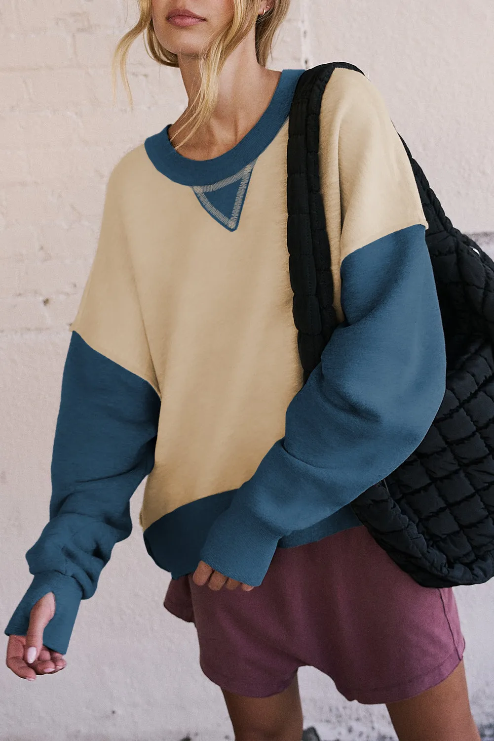Casual Color Block Thumbhole Sleeve Drop Shoulder Sweatshirt