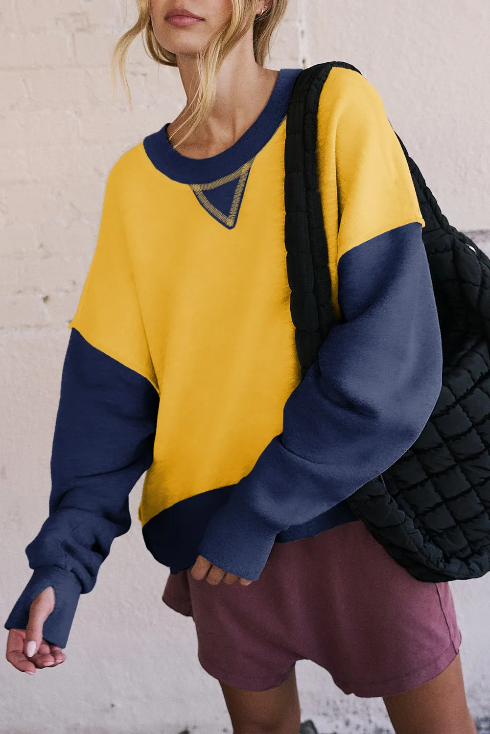 Casual Color Block Thumbhole Sleeve Drop Shoulder Sweatshirt