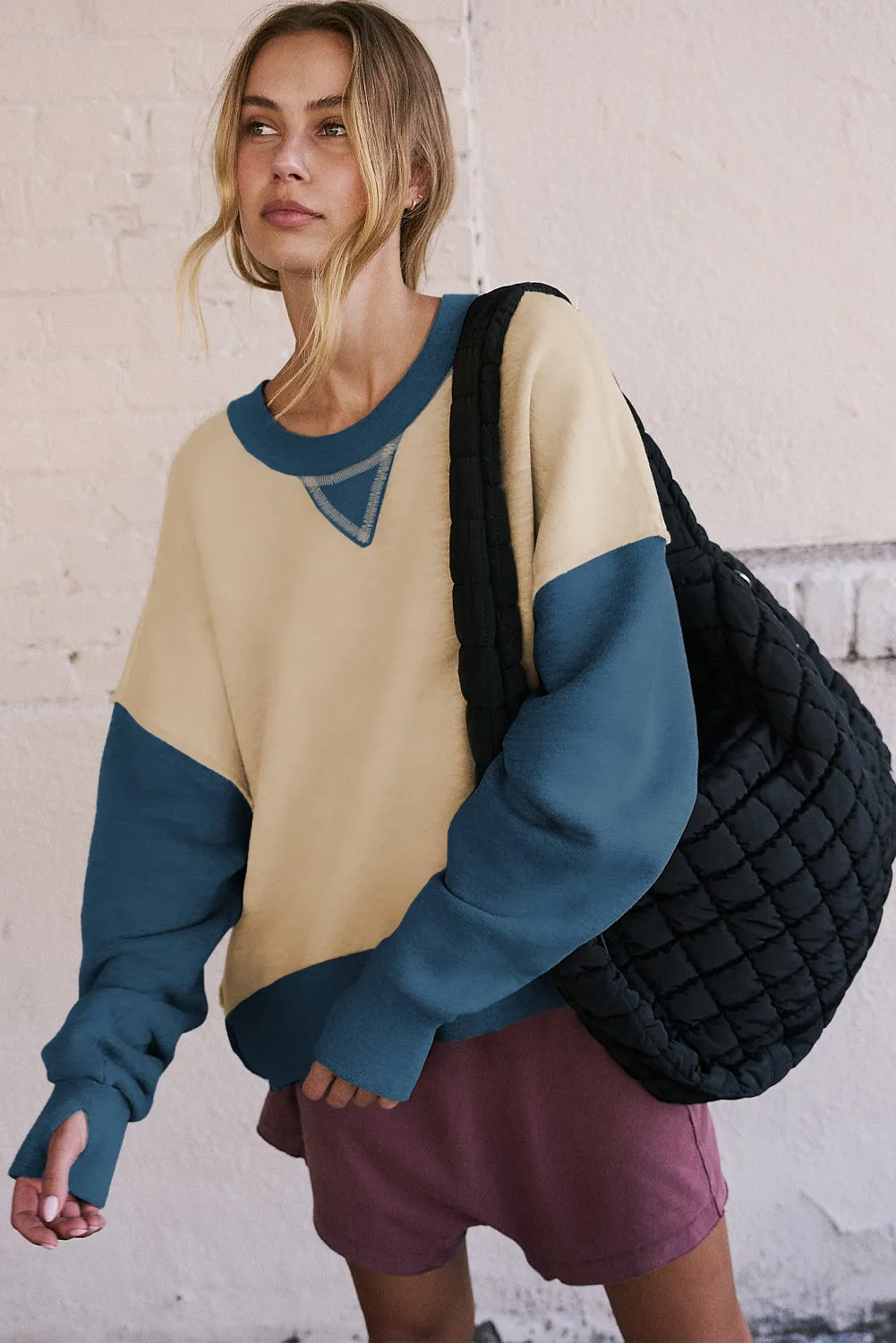 Casual Color Block Thumbhole Sleeve Drop Shoulder Sweatshirt