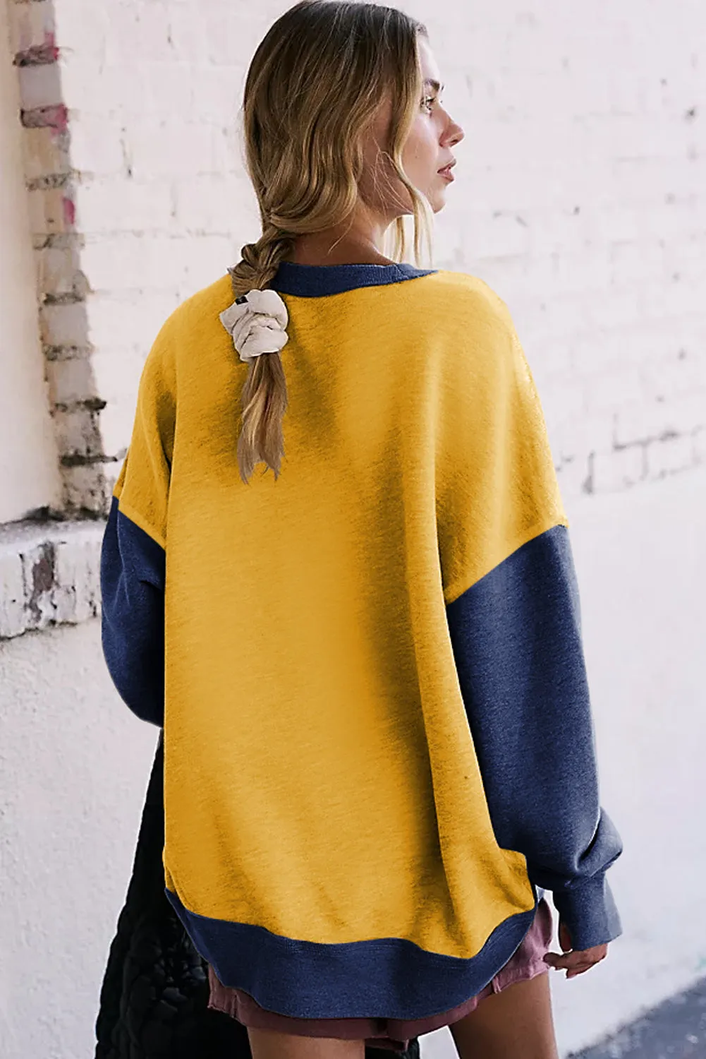 Casual Color Block Thumbhole Sleeve Drop Shoulder Sweatshirt