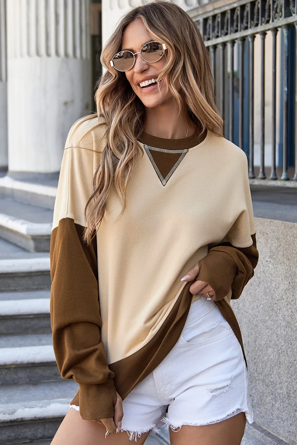 Casual Color Block Thumbhole Sleeve Drop Shoulder Sweatshirt