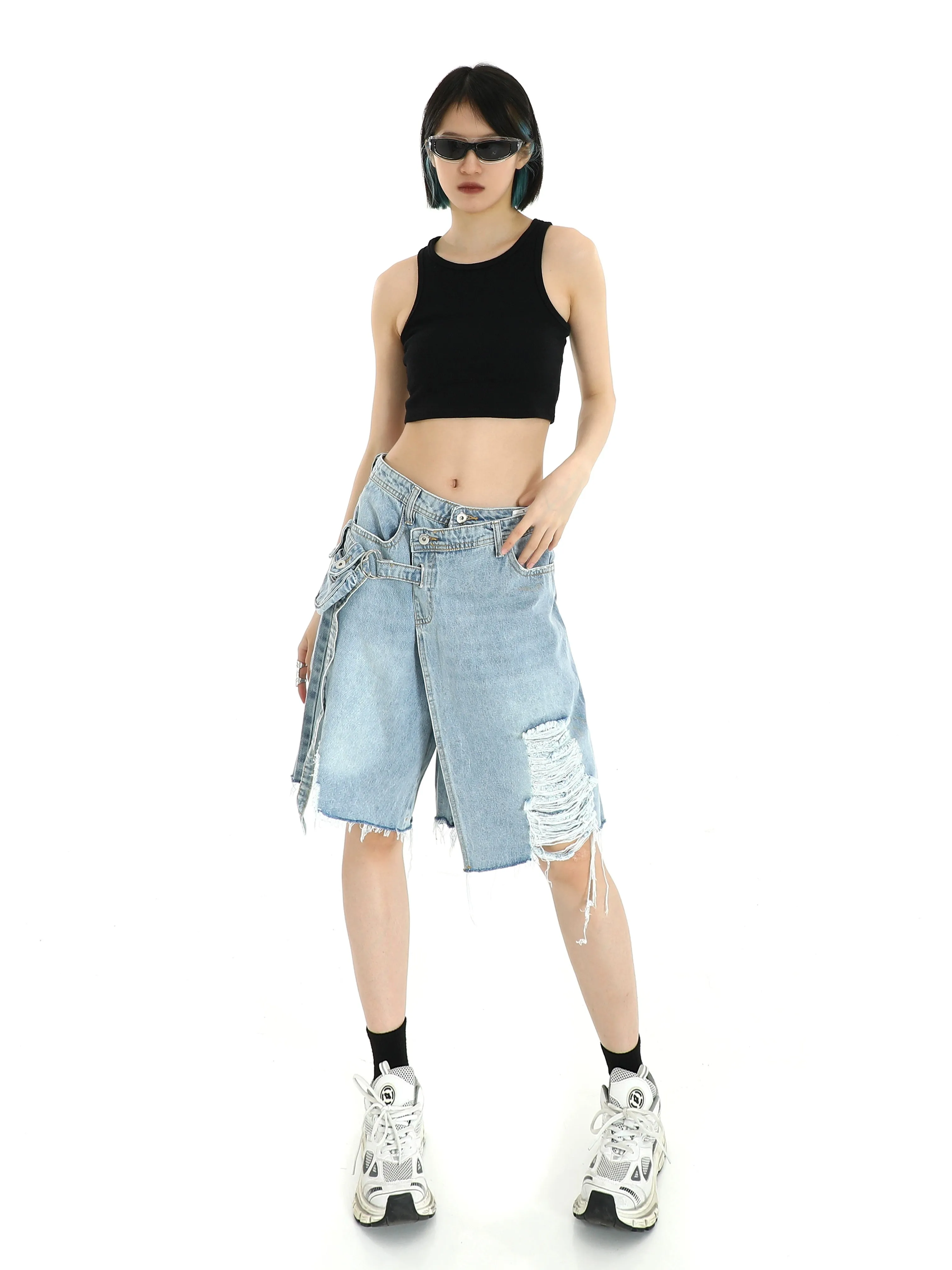 Denim Cargo Pocket Bermuda Shorts with Raw Hem