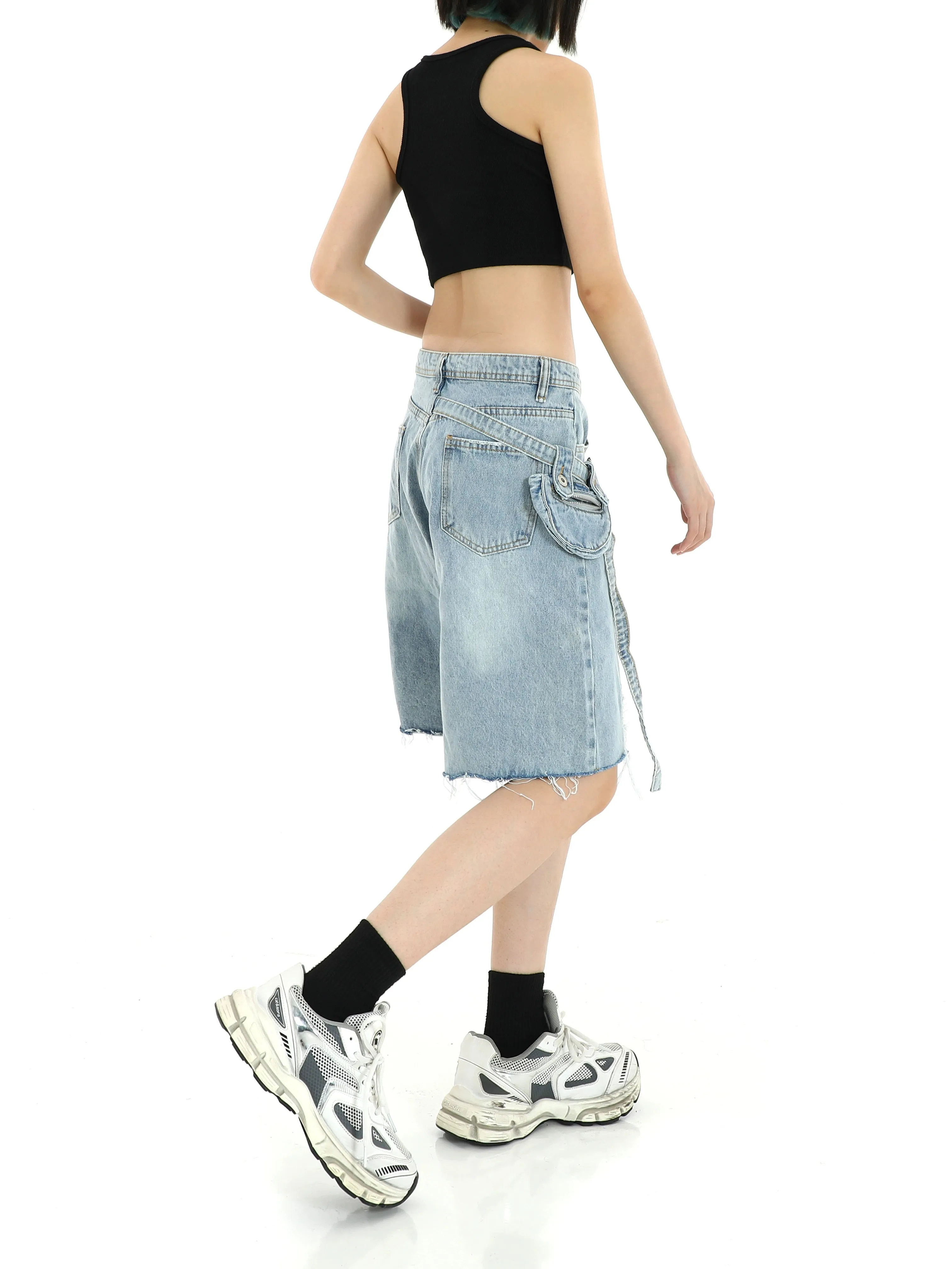 Denim Cargo Pocket Bermuda Shorts with Raw Hem