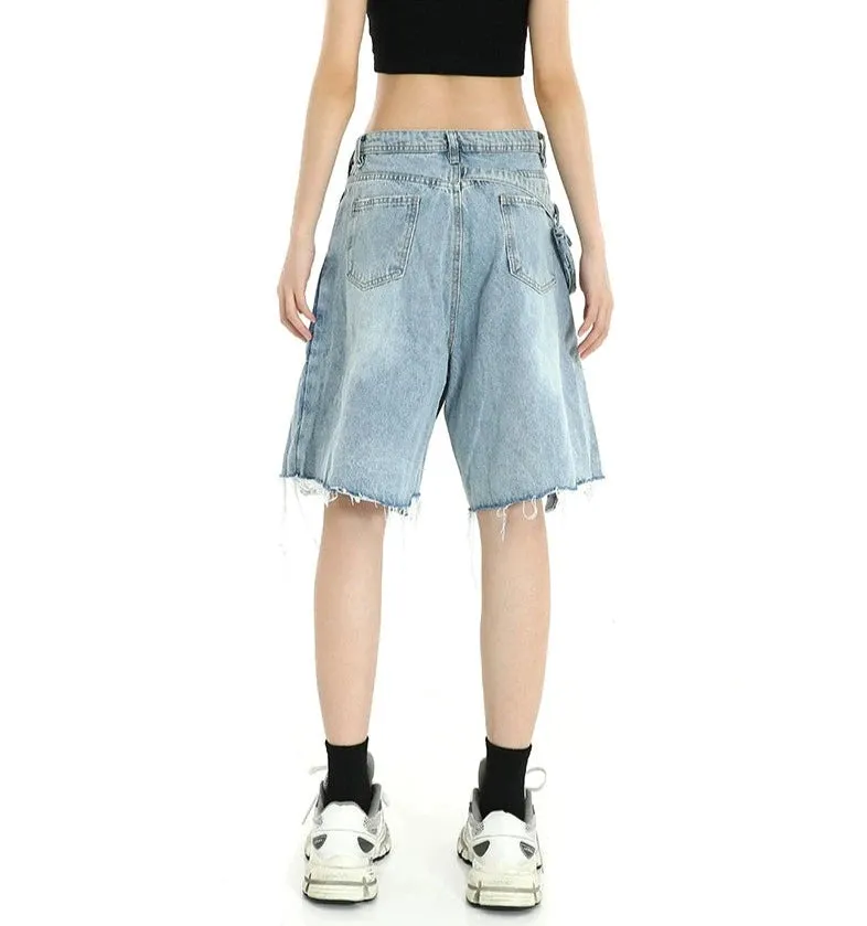 Denim Cargo Pocket Bermuda Shorts with Raw Hem