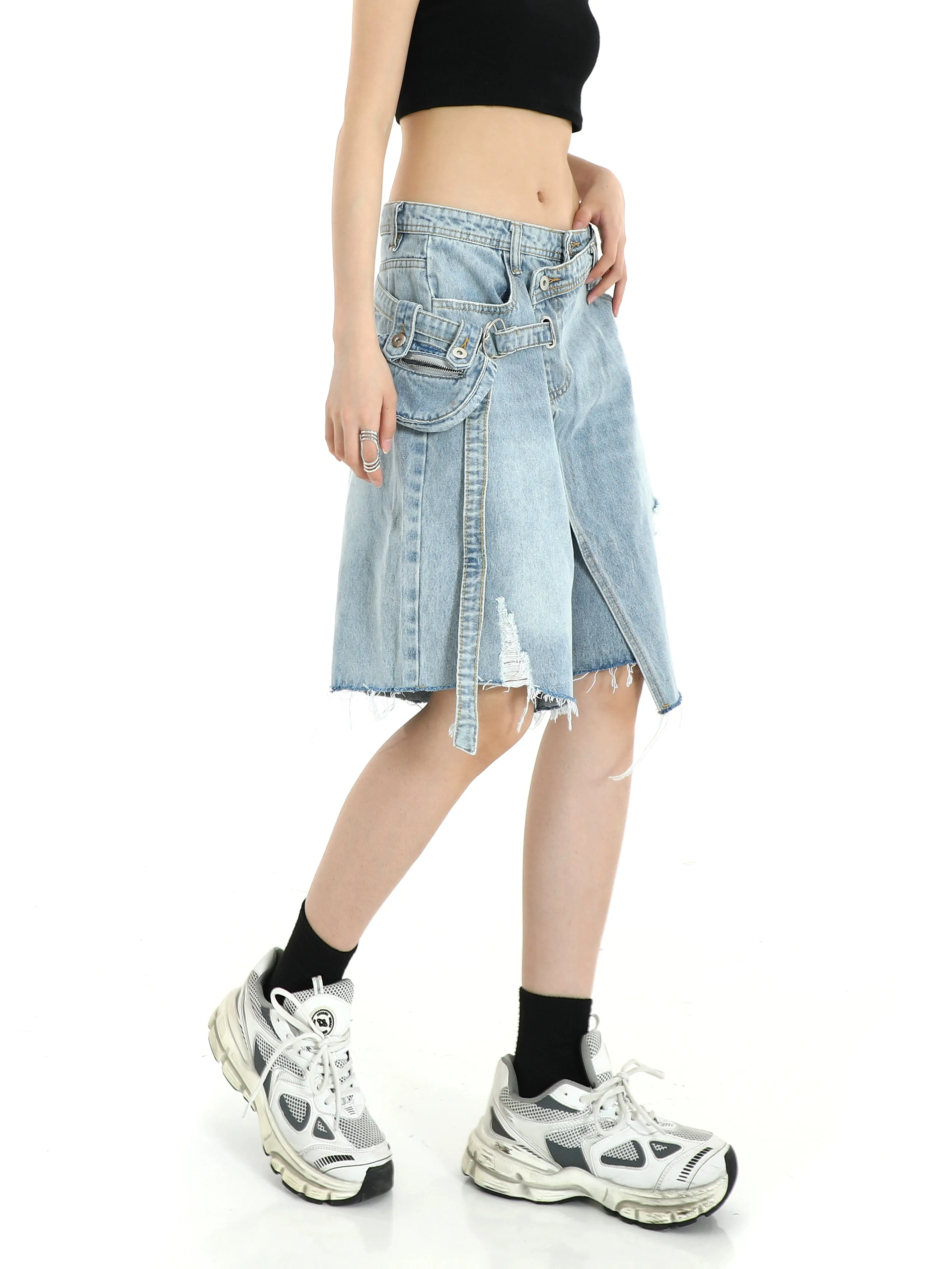 Denim Cargo Pocket Bermuda Shorts with Raw Hem