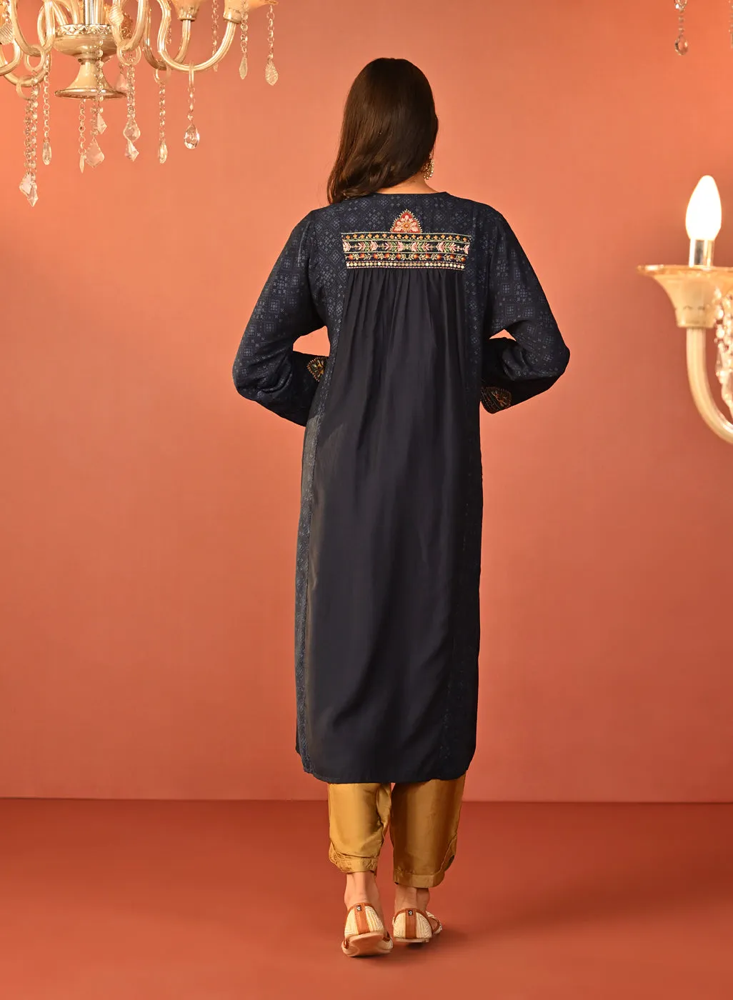 Dia Navy Blue Printed Rayon Kurta for Women