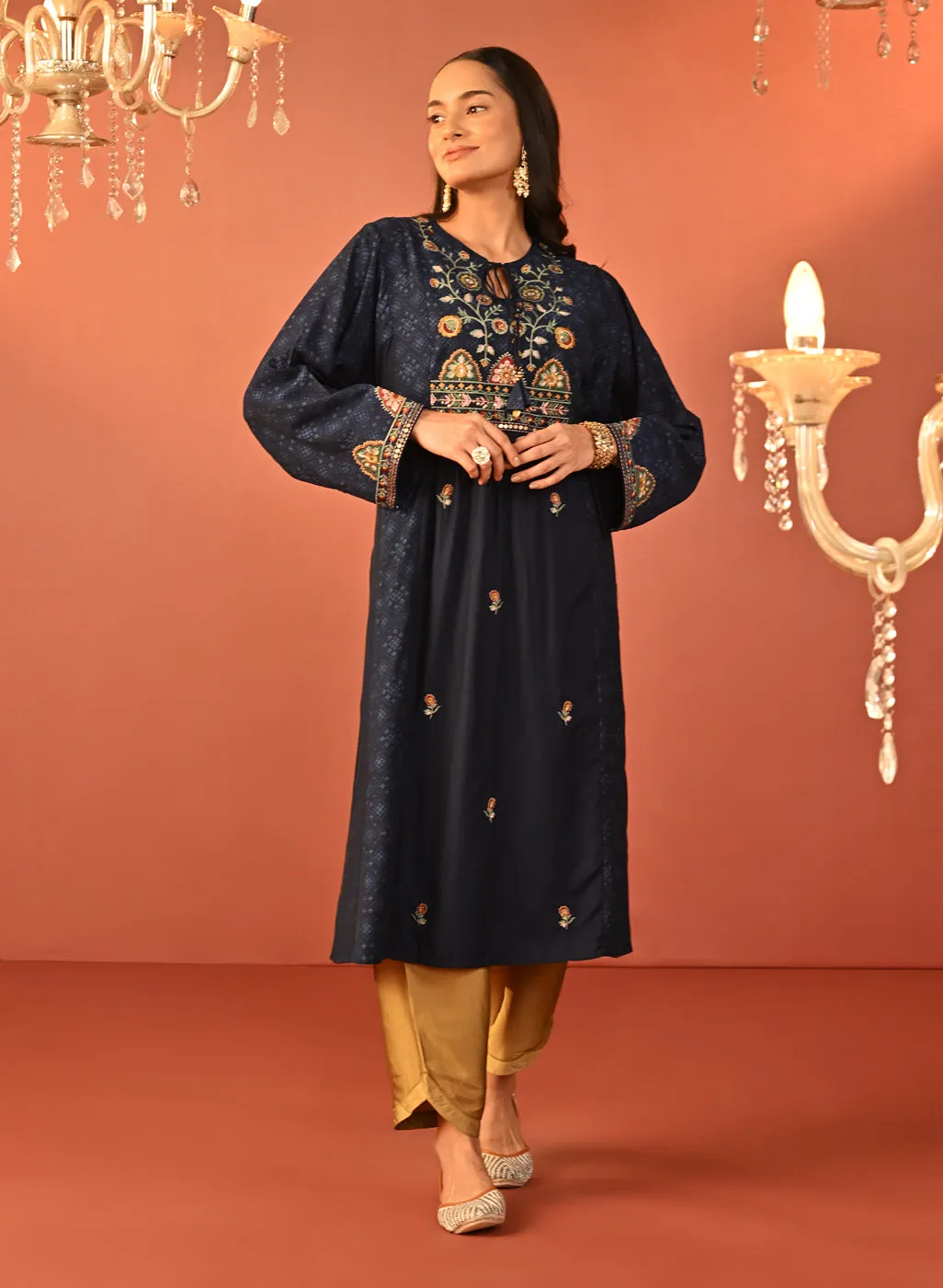 Dia Navy Blue Printed Rayon Kurta for Women