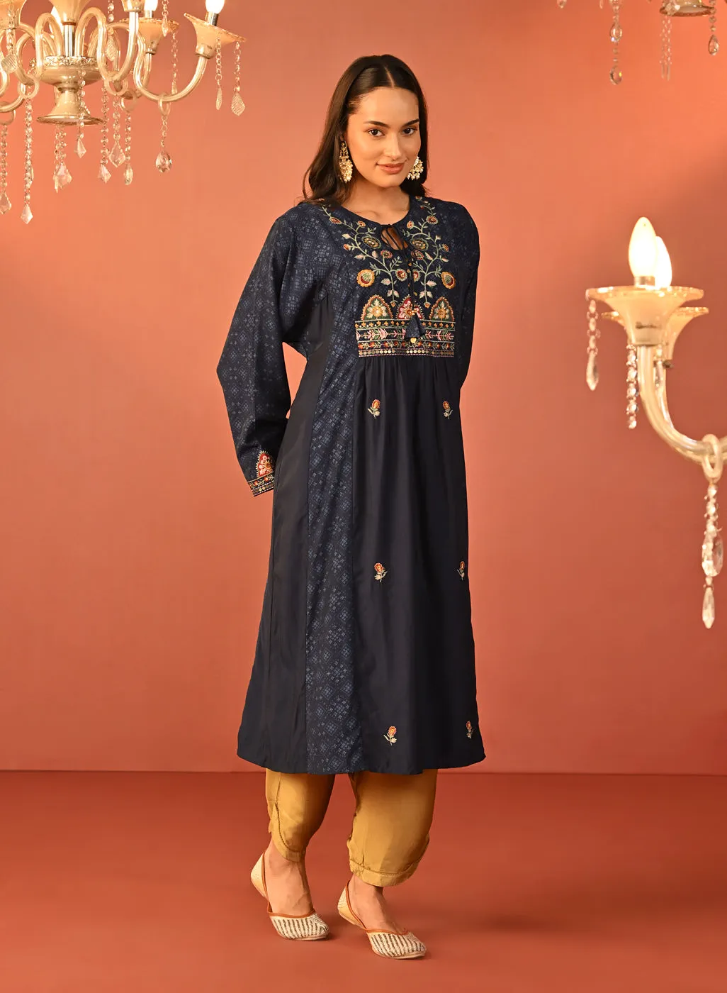 Dia Navy Blue Printed Rayon Kurta for Women