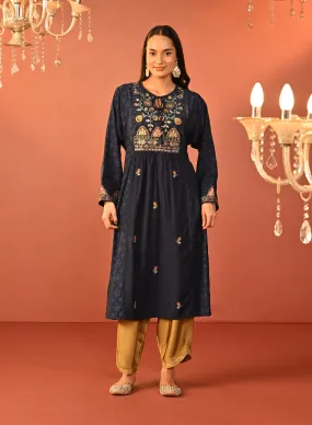Dia Navy Blue Printed Rayon Kurta for Women
