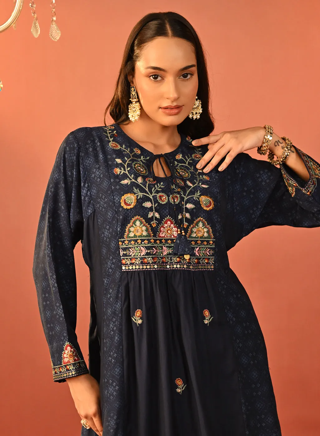 Dia Navy Blue Printed Rayon Kurta for Women