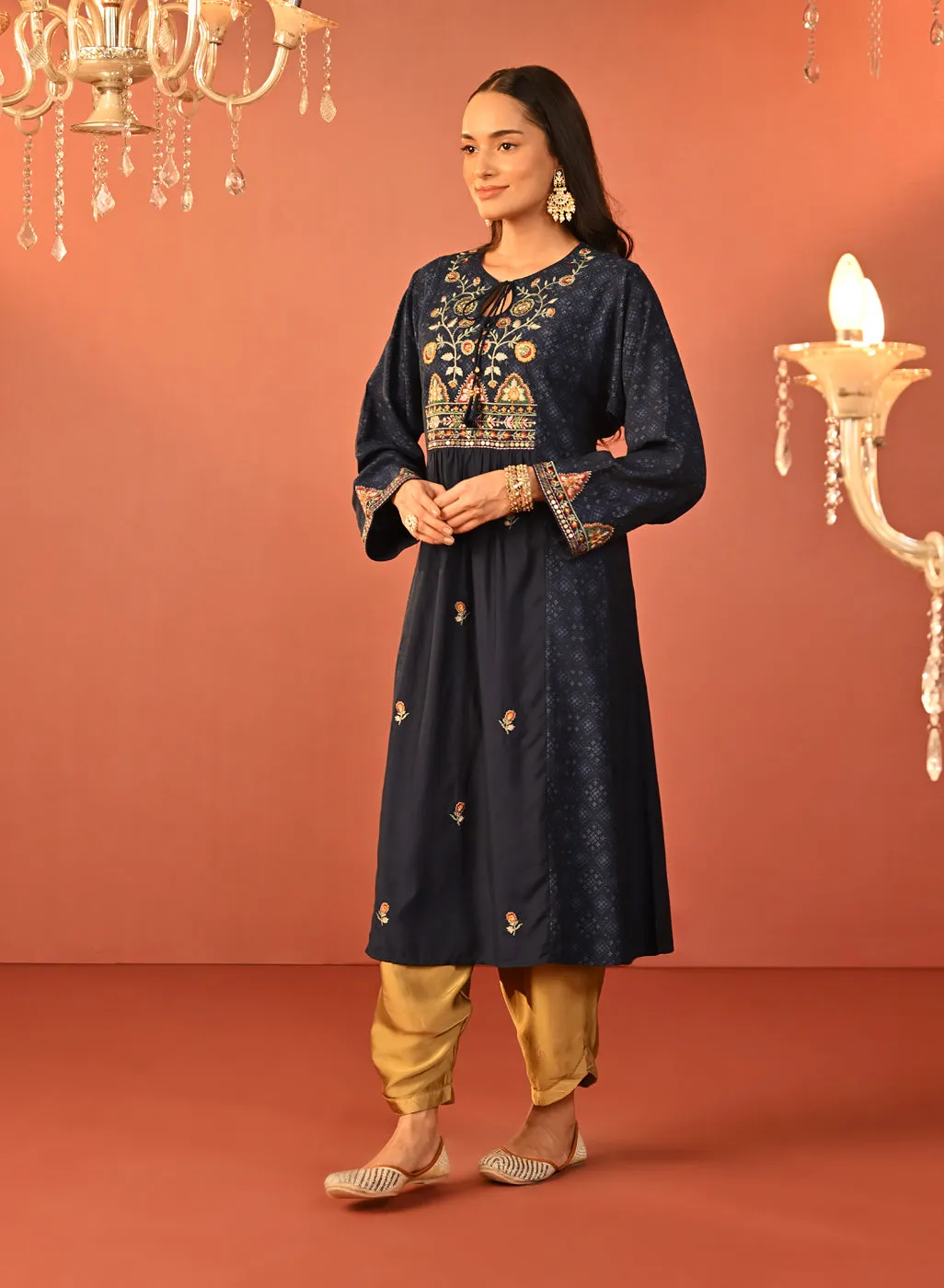 Dia Navy Blue Printed Rayon Kurta for Women