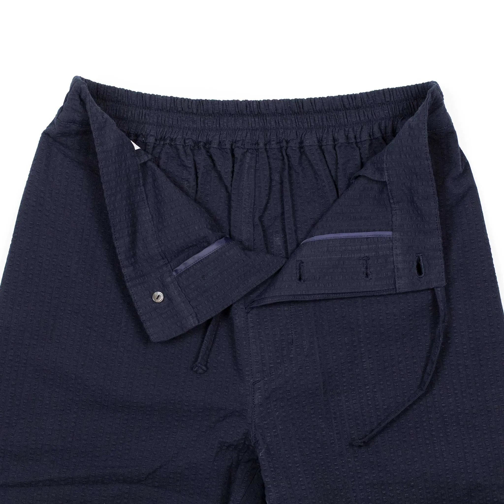 Easy drawstring pants in navy cotton seersucker