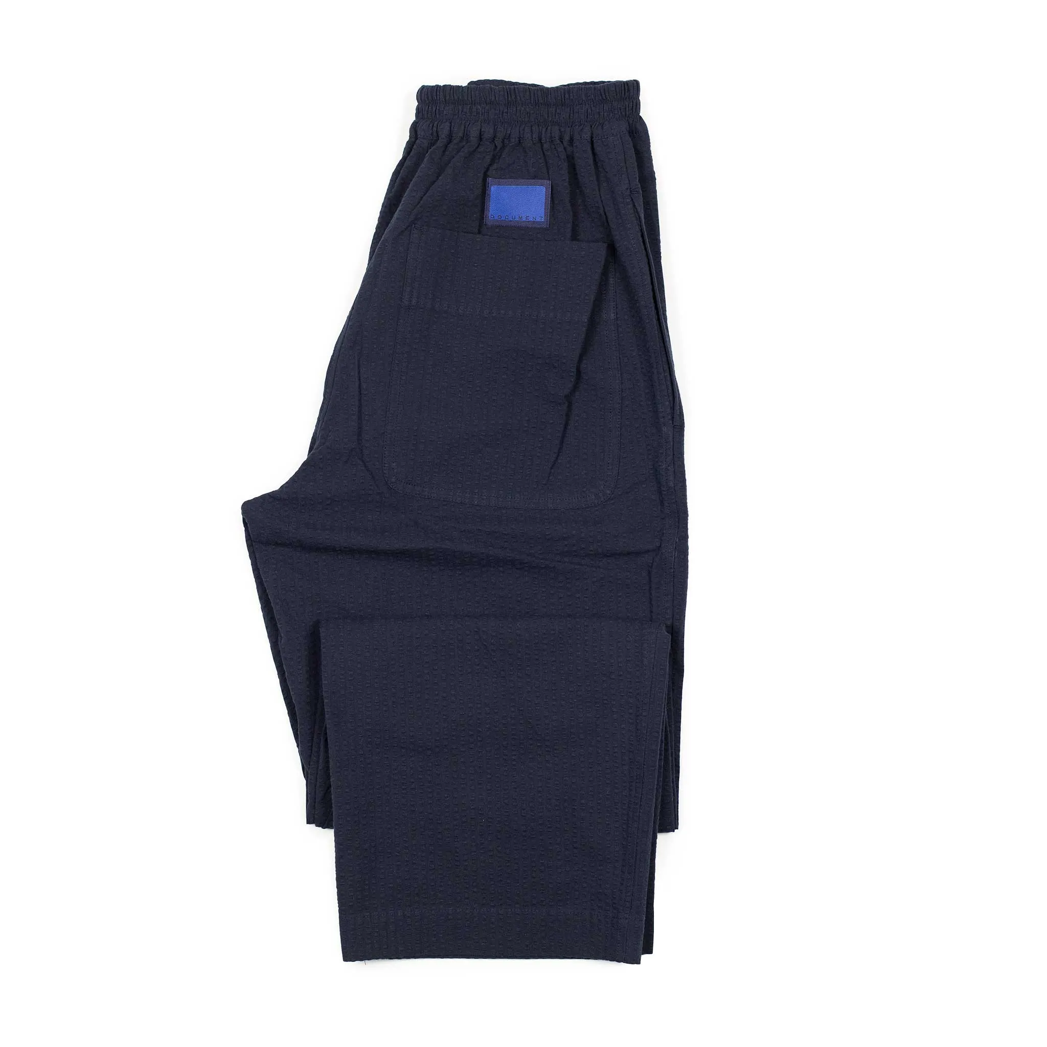 Easy drawstring pants in navy cotton seersucker