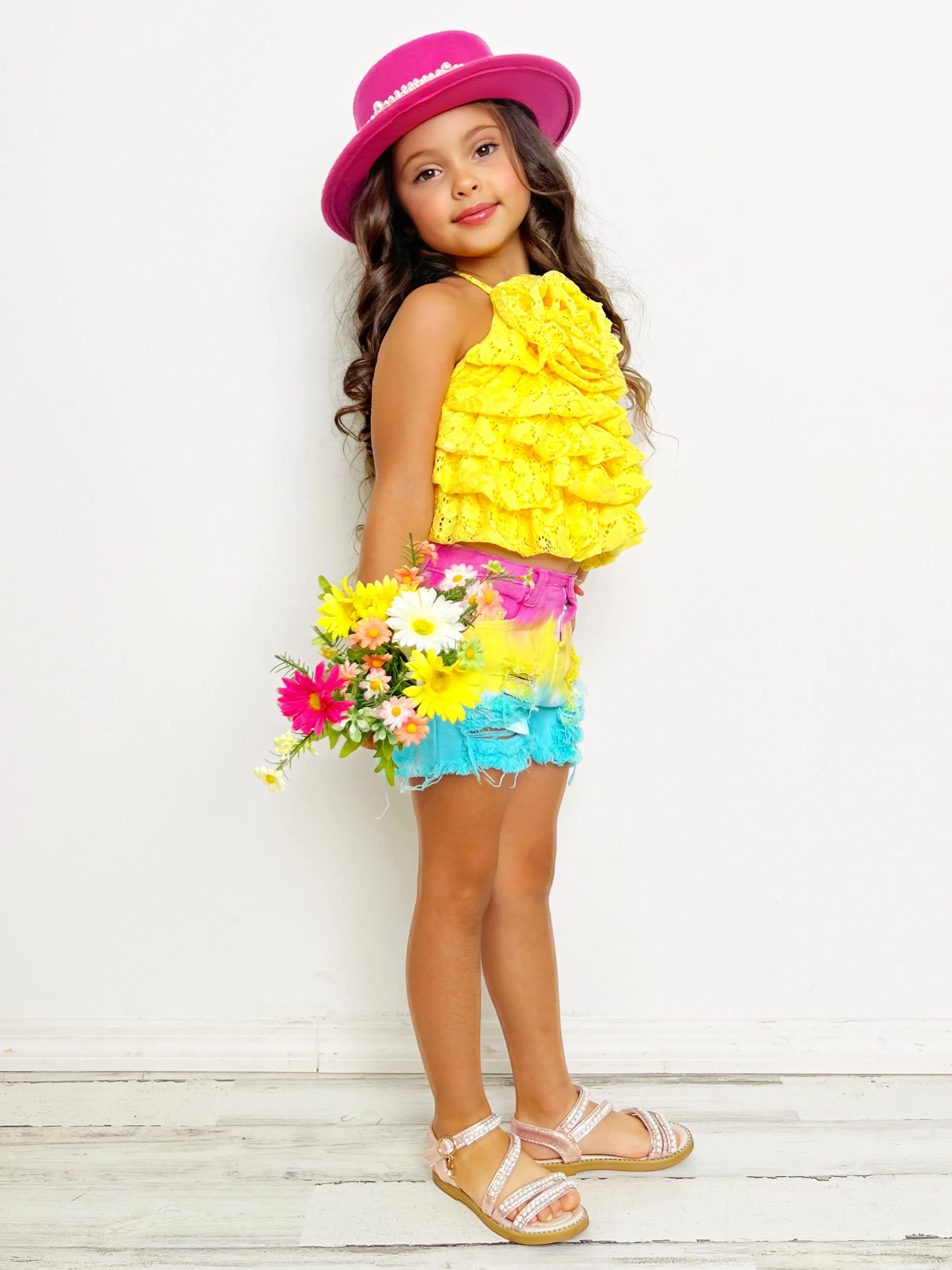 In Full Bloom Yellow Rose Tiered Top and Shorts Set