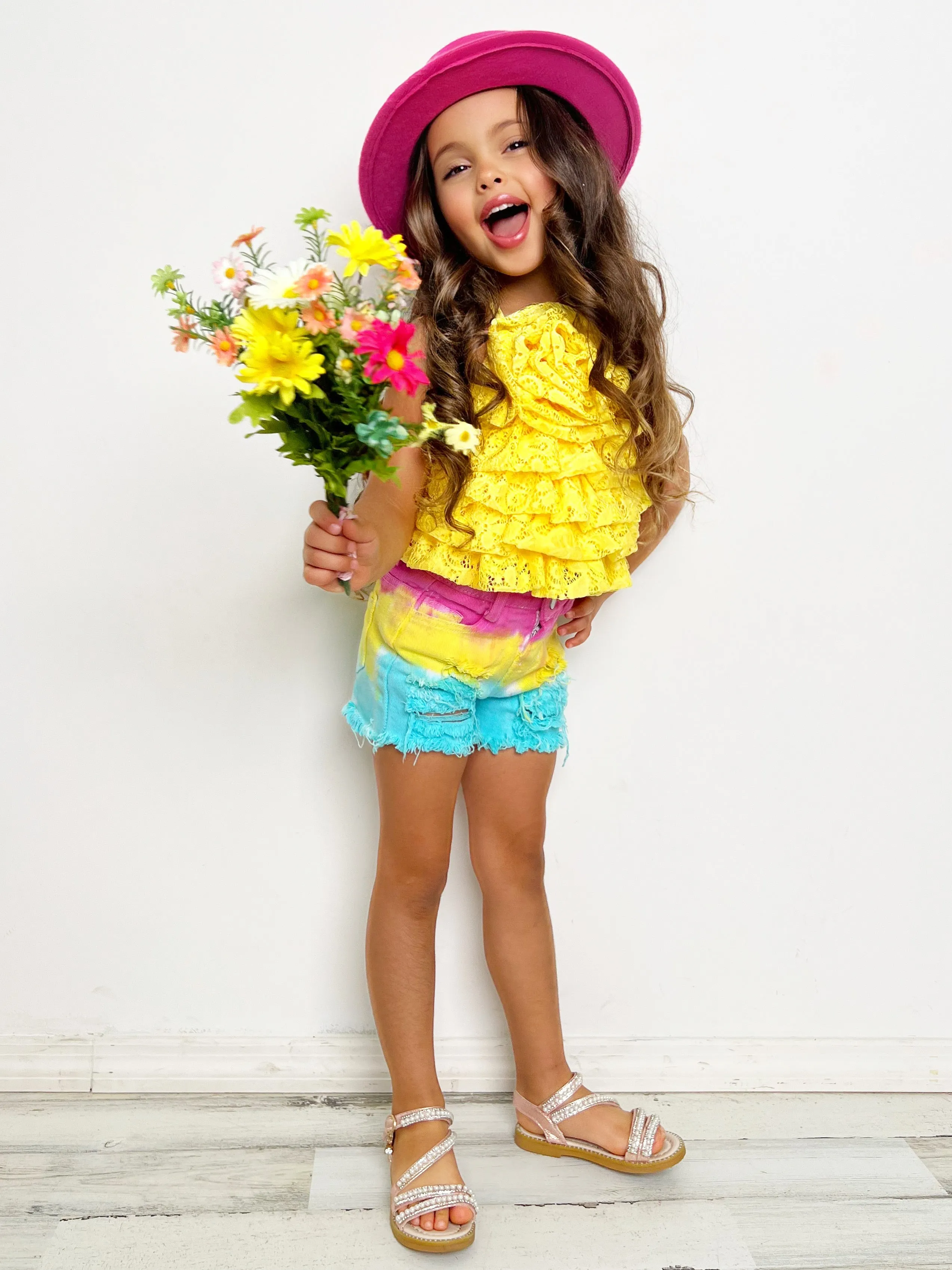 In Full Bloom Yellow Rose Tiered Top and Shorts Set