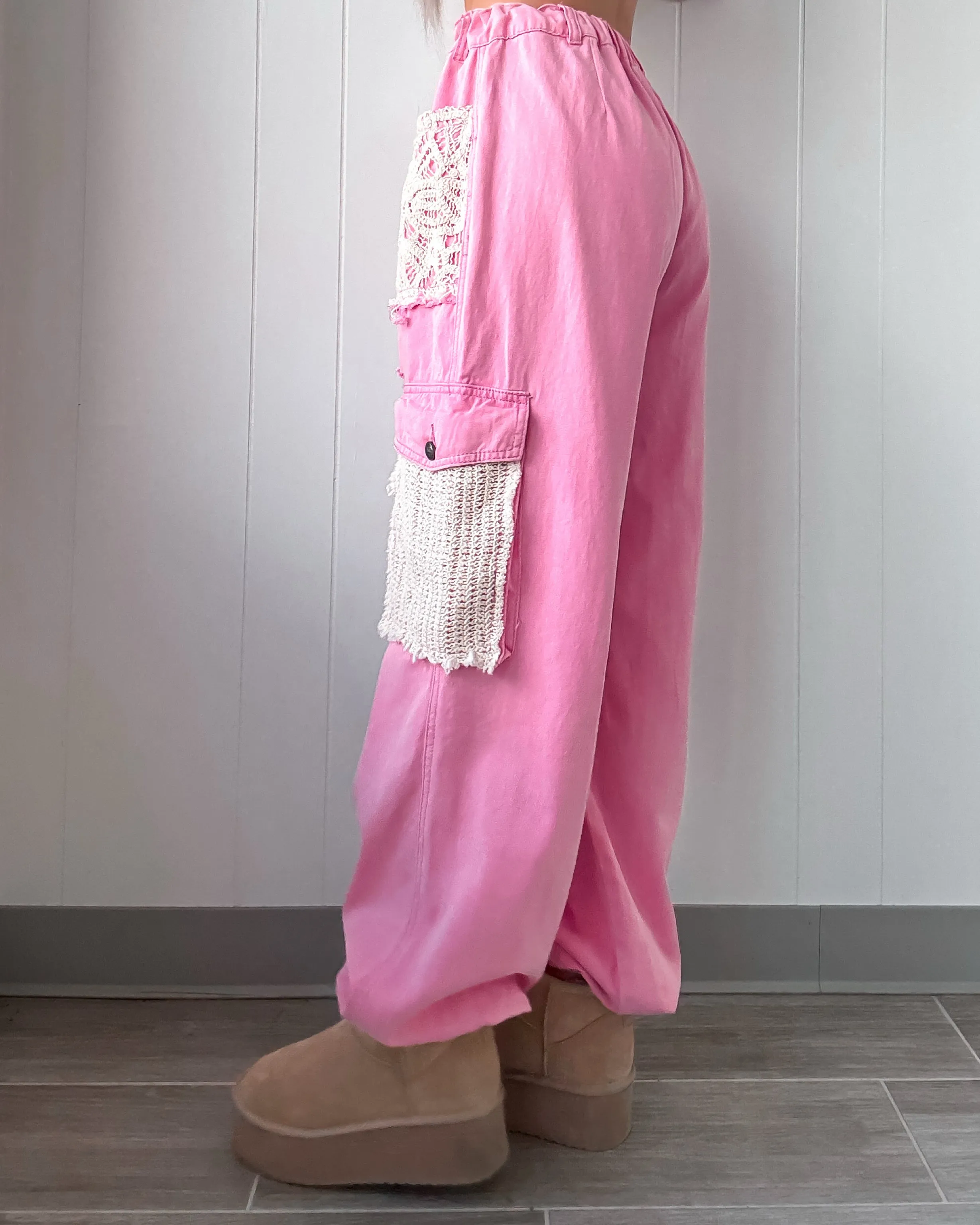 It's A Crush Crochet Patch Denim Joggers - Pink